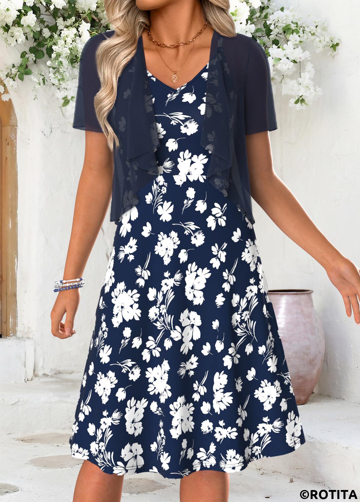 Navy dresses,Floral dresses,Plants dresses,Everyday dresses,Casual dresses,ROTITA Navy Floral Print Tummy Coverage V Neck Dress