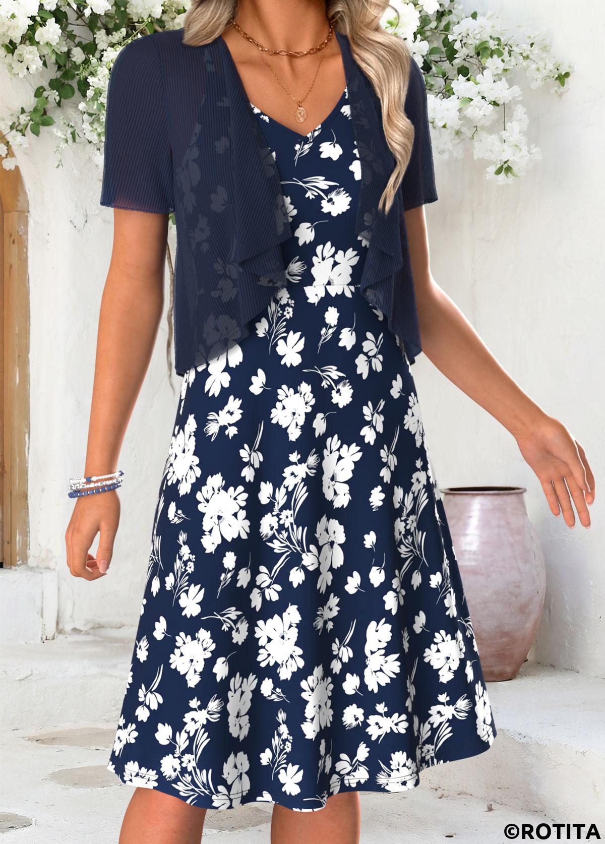Navy dresses,Floral dresses,Plants dresses,Everyday dresses,Casual dresses,ROTITA Navy Floral Print Tummy Coverage V Neck Dress