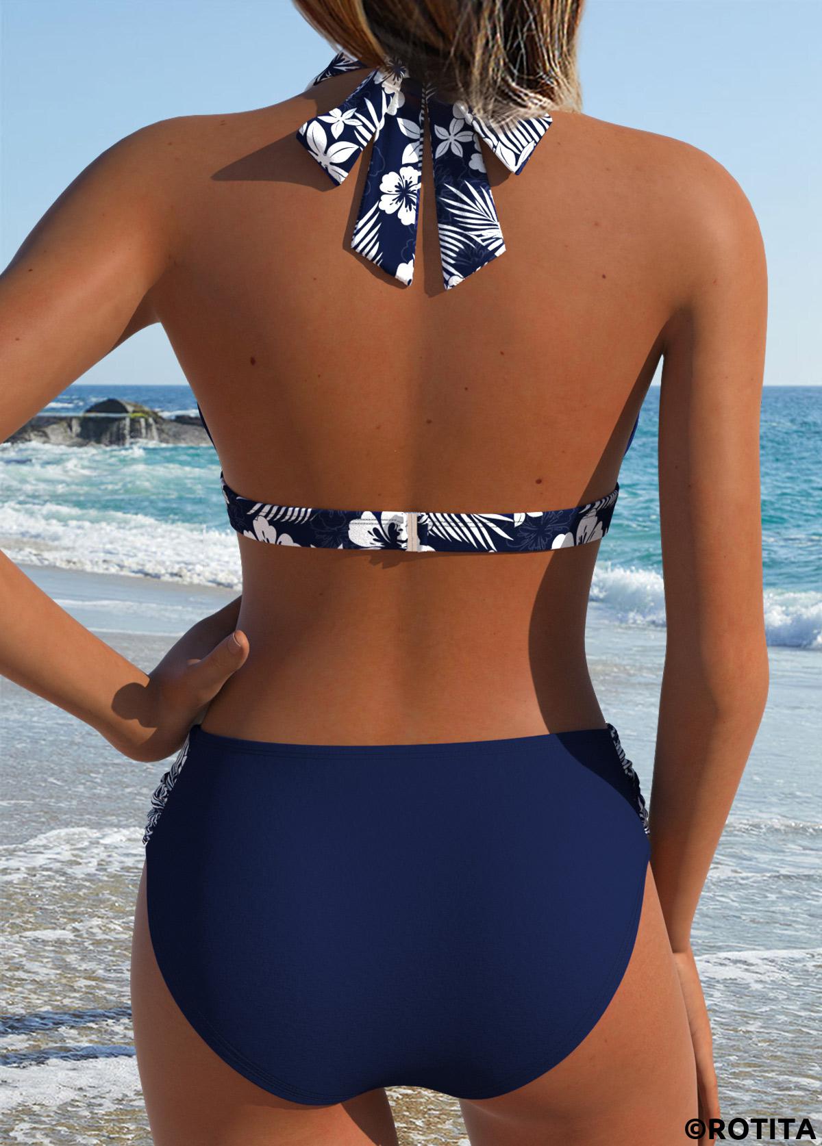 Navy swimwear,Floral swimwear,Plants swimwear,ROTITA Navy Patchwork Floral Print Mid Waisted Bikini Set