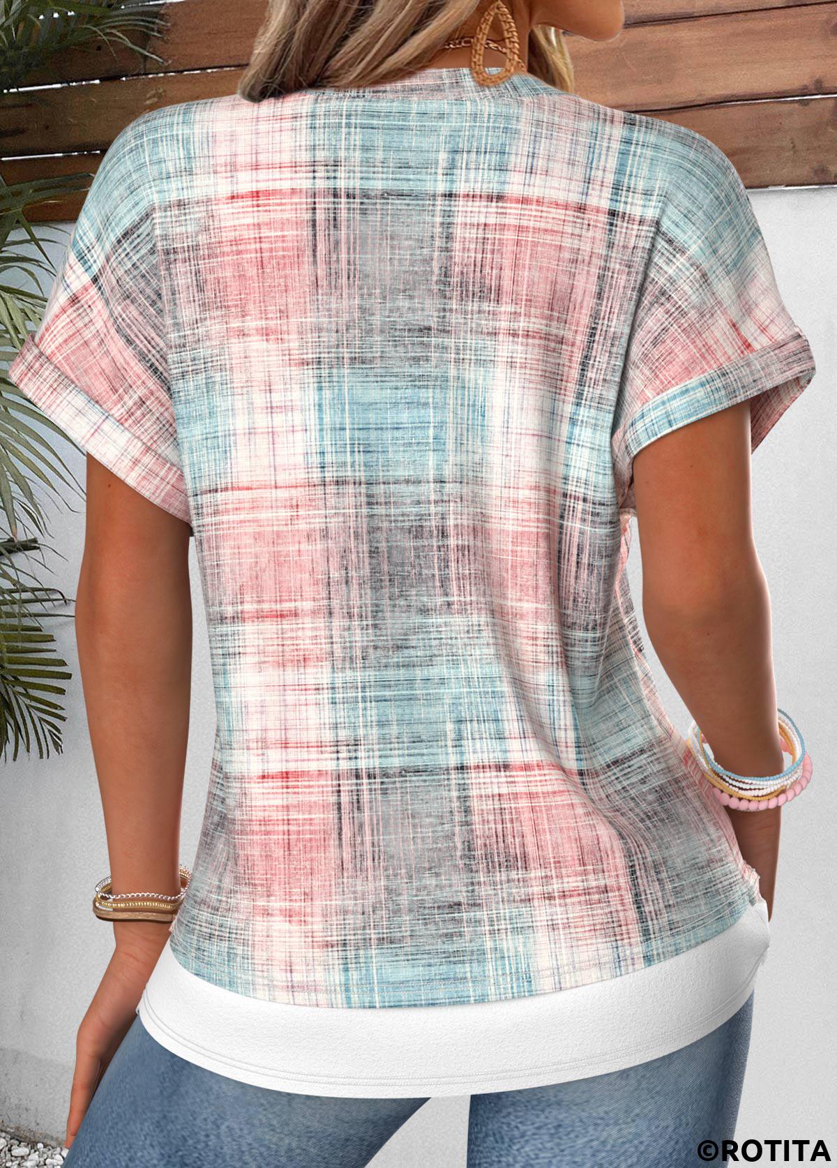 Light Pink tops,Plaid tops,Geometric tops,ROTITA Fake 2in1 Plaid Light Pink Split Neck T Shirt
