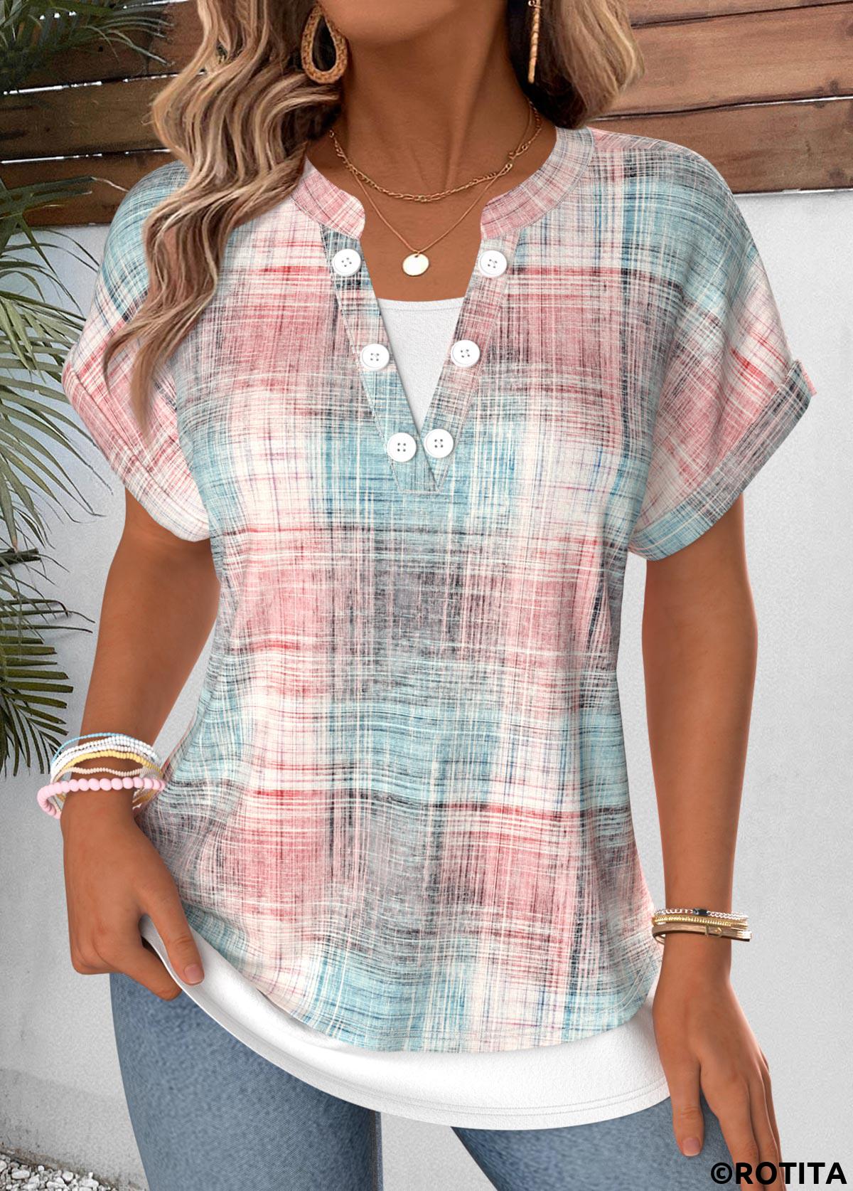 Light Pink tops,Plaid tops,Geometric tops,ROTITA Fake 2in1 Plaid Light Pink Split Neck T Shirt