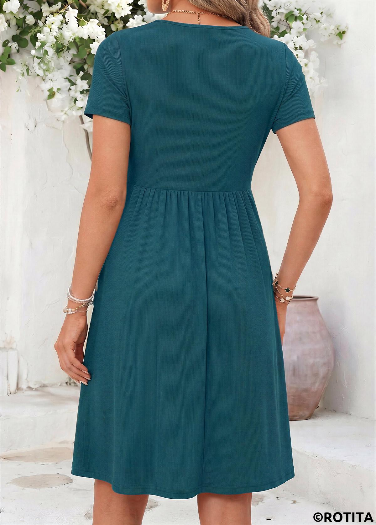 Turquoise dresses,Plain Color dresses,Everyday dresses,Casual dresses,ROTITA Turquoise Patchwork Heart Collar Short Sleeve Dress
