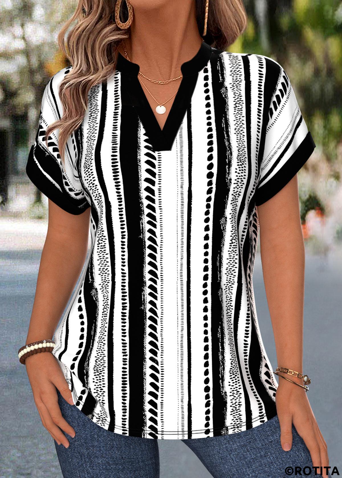 Black tops,Geometric tops,ROTITA Tummy Coverage Geometric Print Black V Neck Blouse