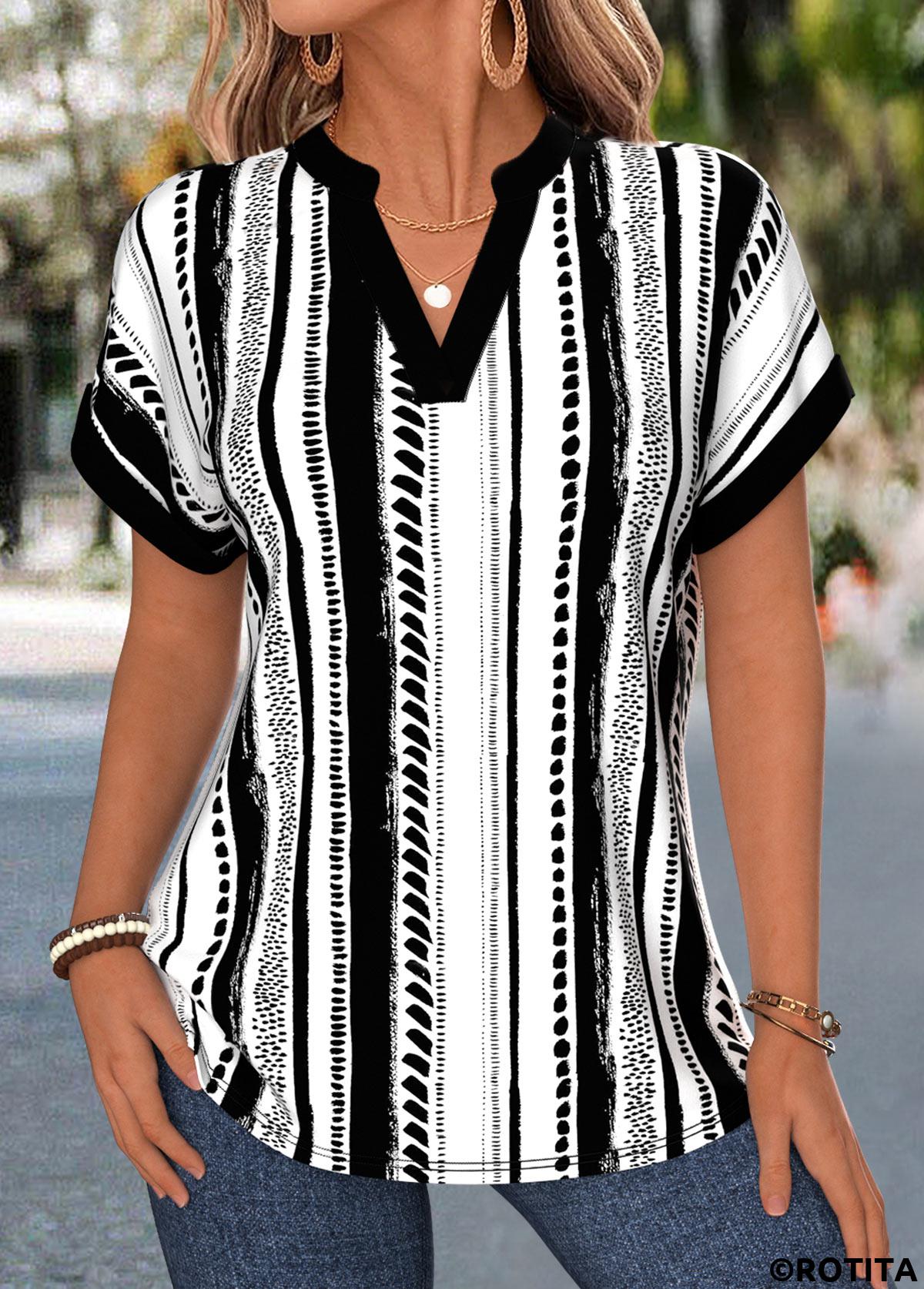 Black tops,Geometric tops,ROTITA Tummy Coverage Geometric Print Black V Neck Blouse