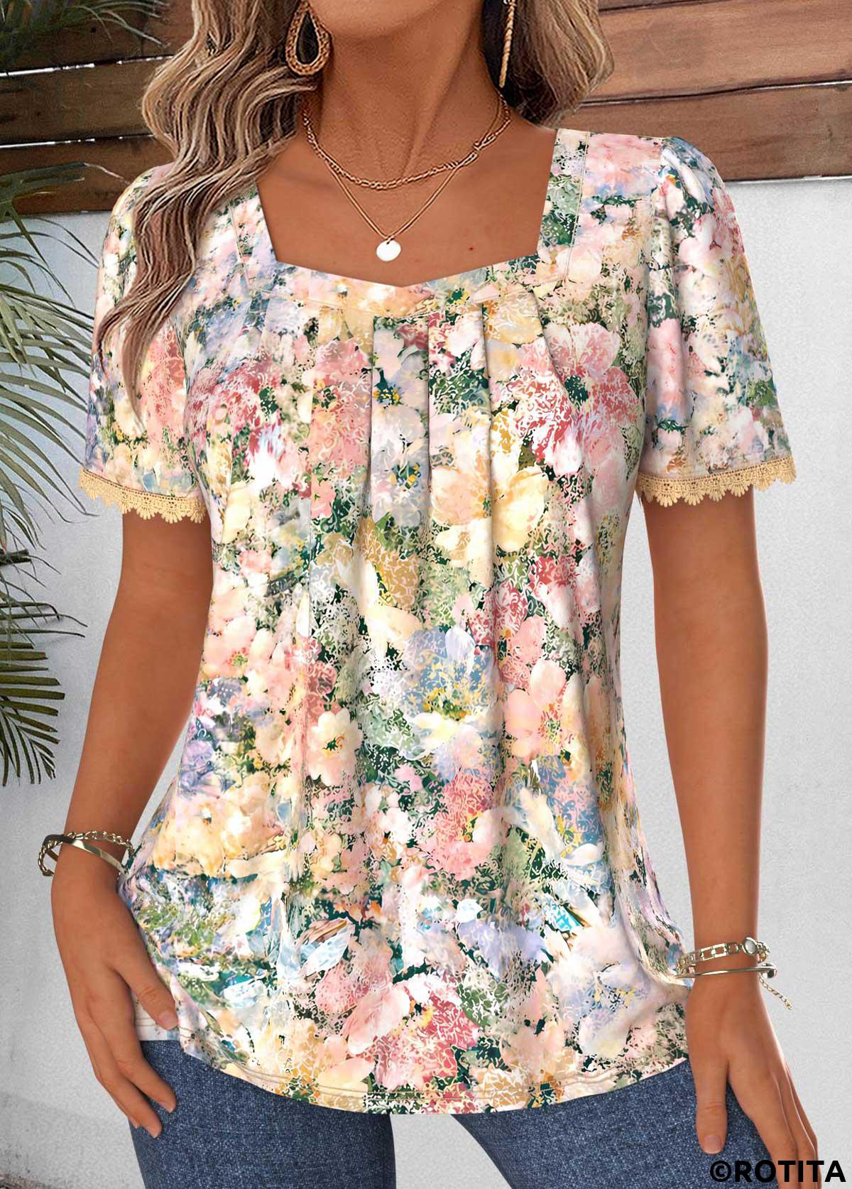 Multi Color tops,Floral tops,Plants tops,ROTITA Tummy Coverage Floral Print Multi Color T Shirt