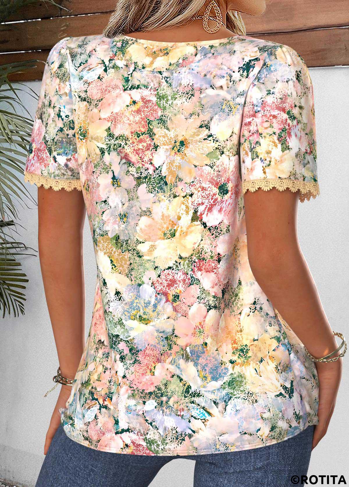 Multi Color tops,Floral tops,Plants tops,ROTITA Tummy Coverage Floral Print Multi Color T Shirt