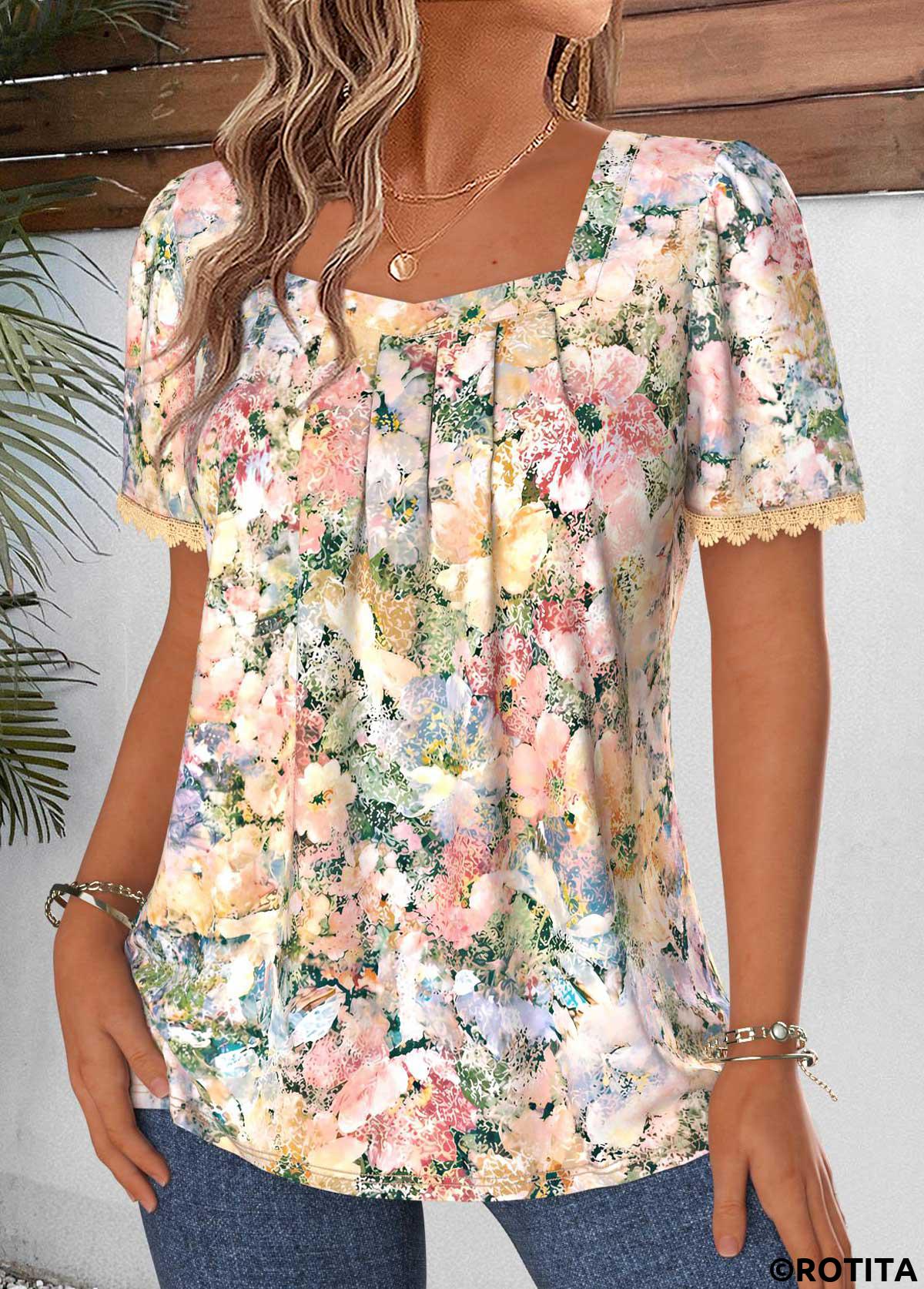 Multi Color tops,Floral tops,Plants tops,ROTITA Tummy Coverage Floral Print Multi Color T Shirt