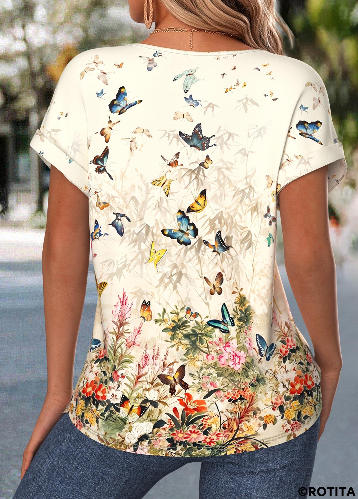 Light Yellow tops,Floral tops,Plants tops,ROTITA Lace Trim Floral Print Light Yellow Round Neck Blouse