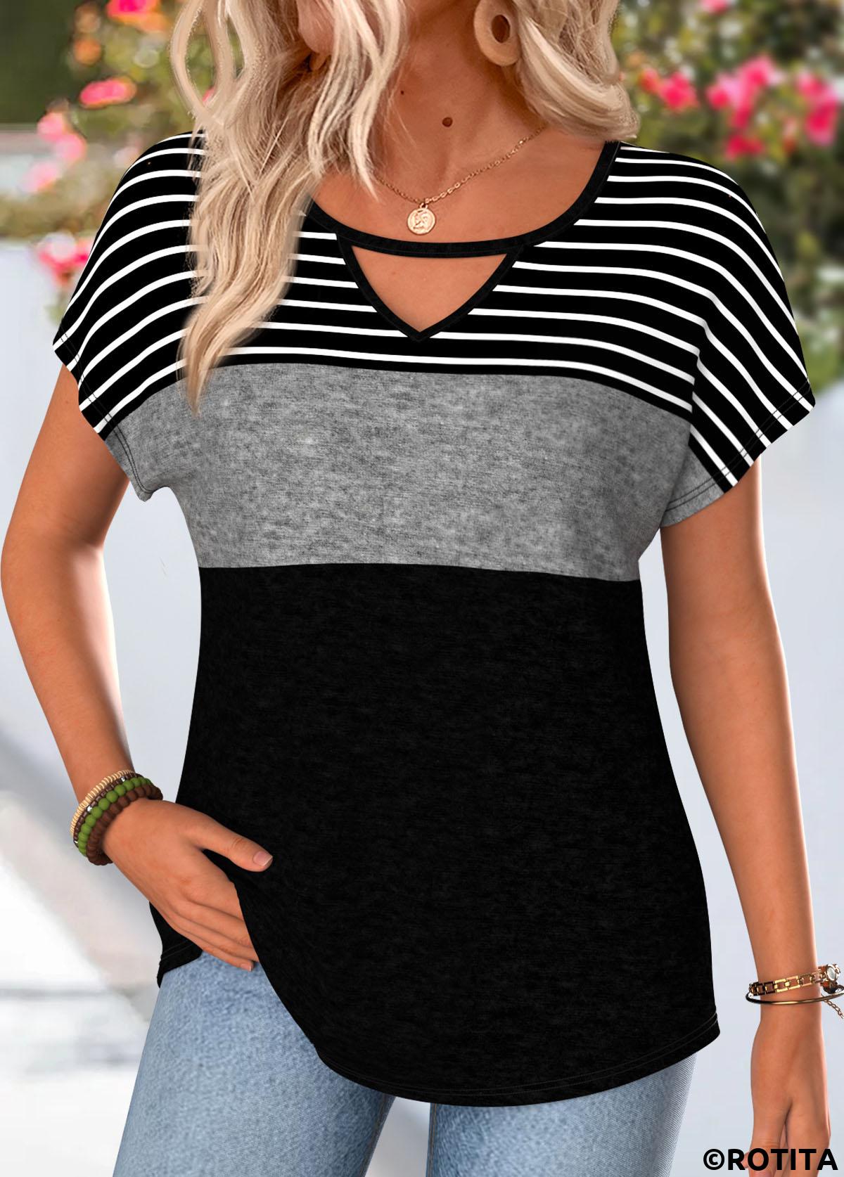 Black tops,Striped tops,Geometric tops,ROTITA Striped Black Round Neck Short Sleeve T Shirt