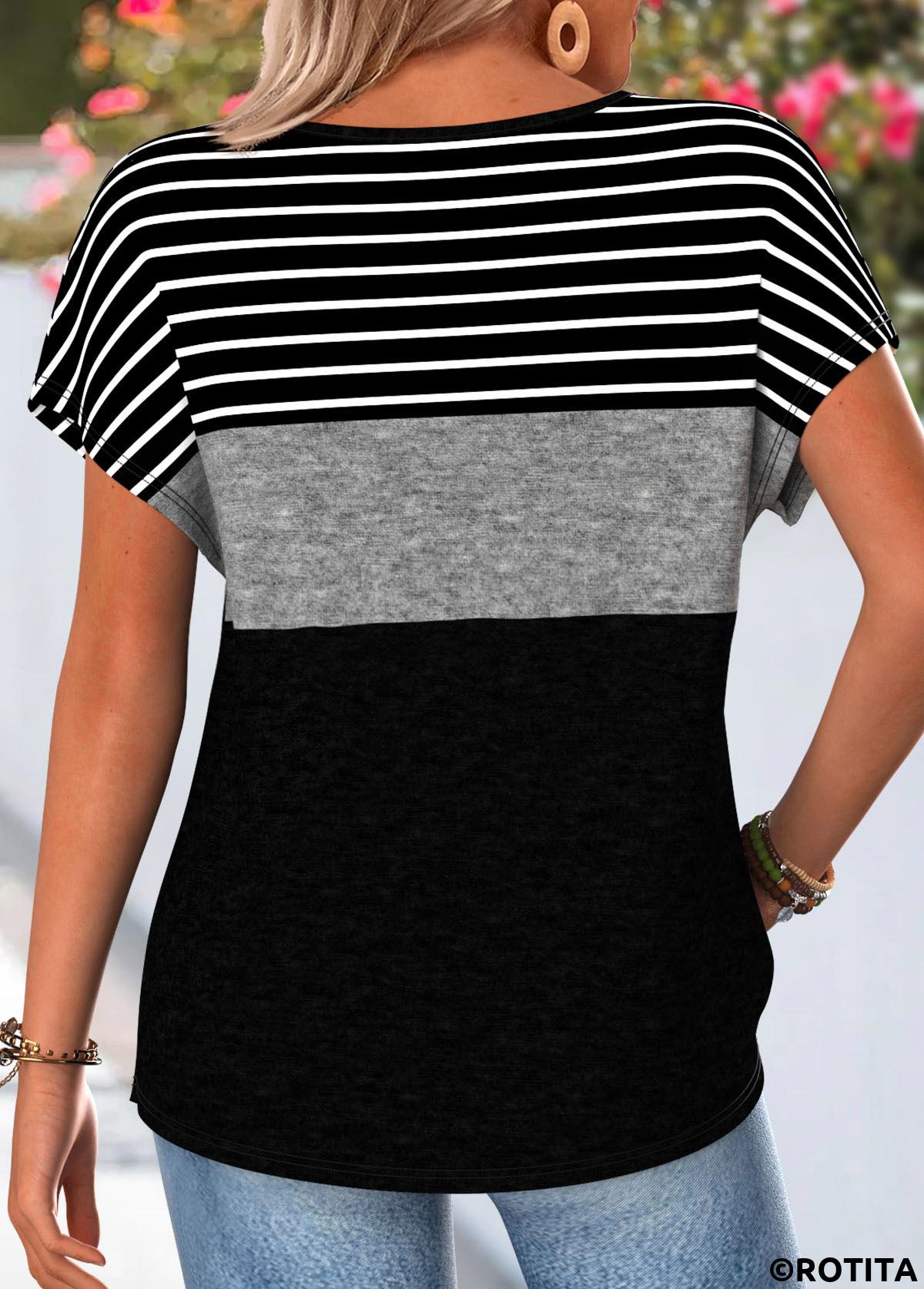 Black tops,Striped tops,Geometric tops,ROTITA Striped Black Round Neck Short Sleeve T Shirt