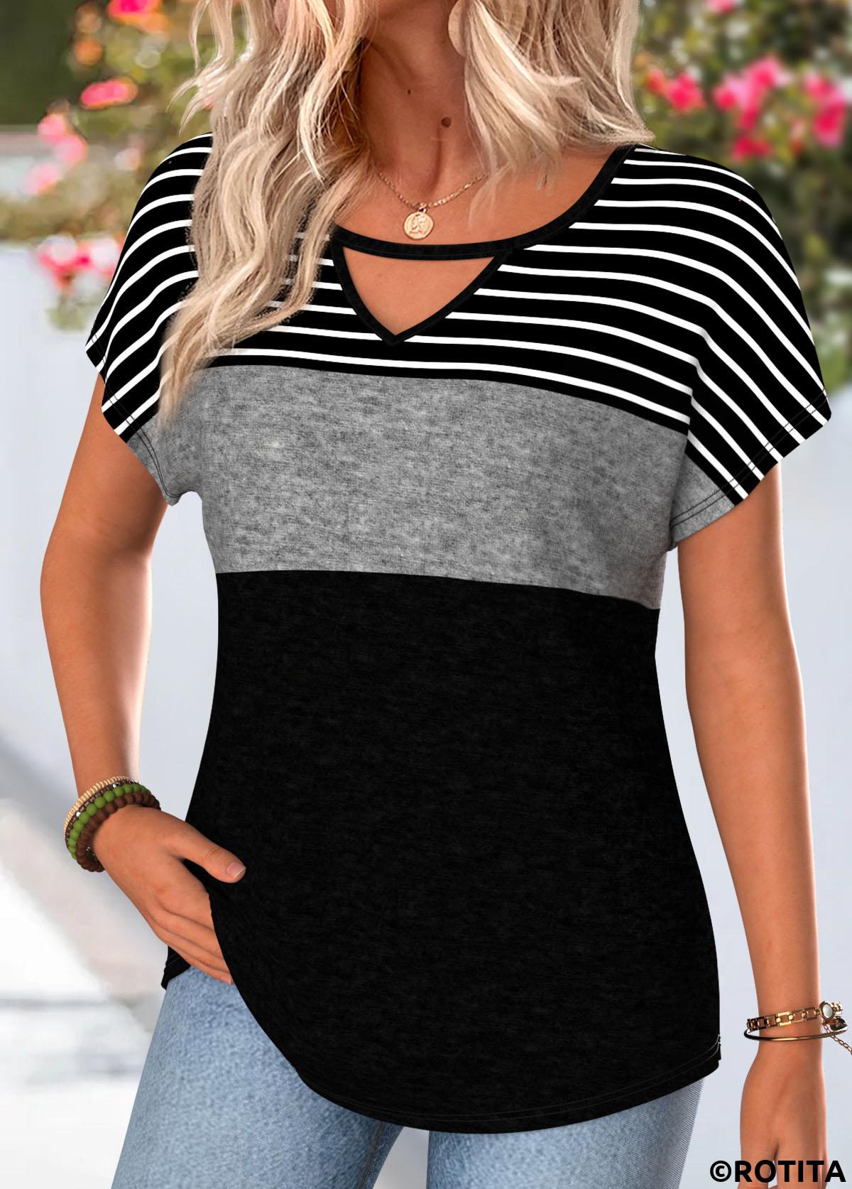 Black tops,Striped tops,Geometric tops,ROTITA Striped Black Round Neck Short Sleeve T Shirt