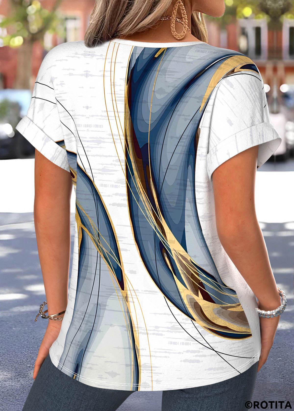 Multi Color tops,Geometric tops,ROTITA Tummy Coverage Geometric Print Multi Color T Shirt