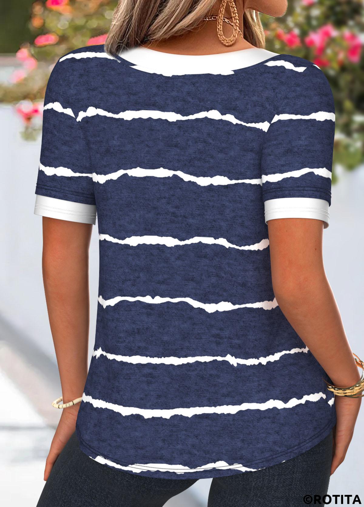 Navy tops,Striped tops,Geometric tops,ROTITA Curved Hem Striped Navy Round Neck T Shirt