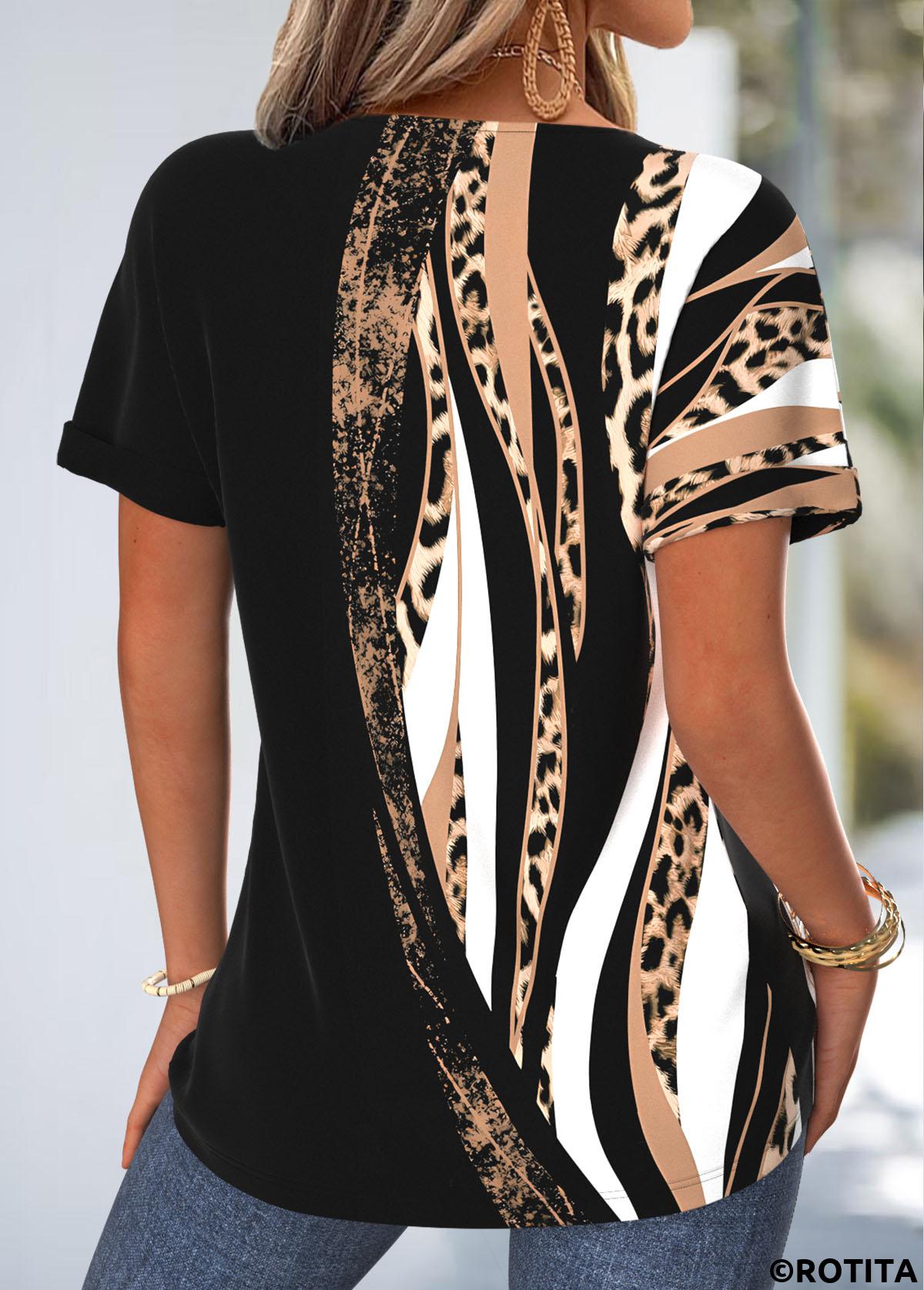 Black tops,Leopard tops,Animal Print tops,ROTITA Tummy Coverage Leopard Black Round Neck T Shirt