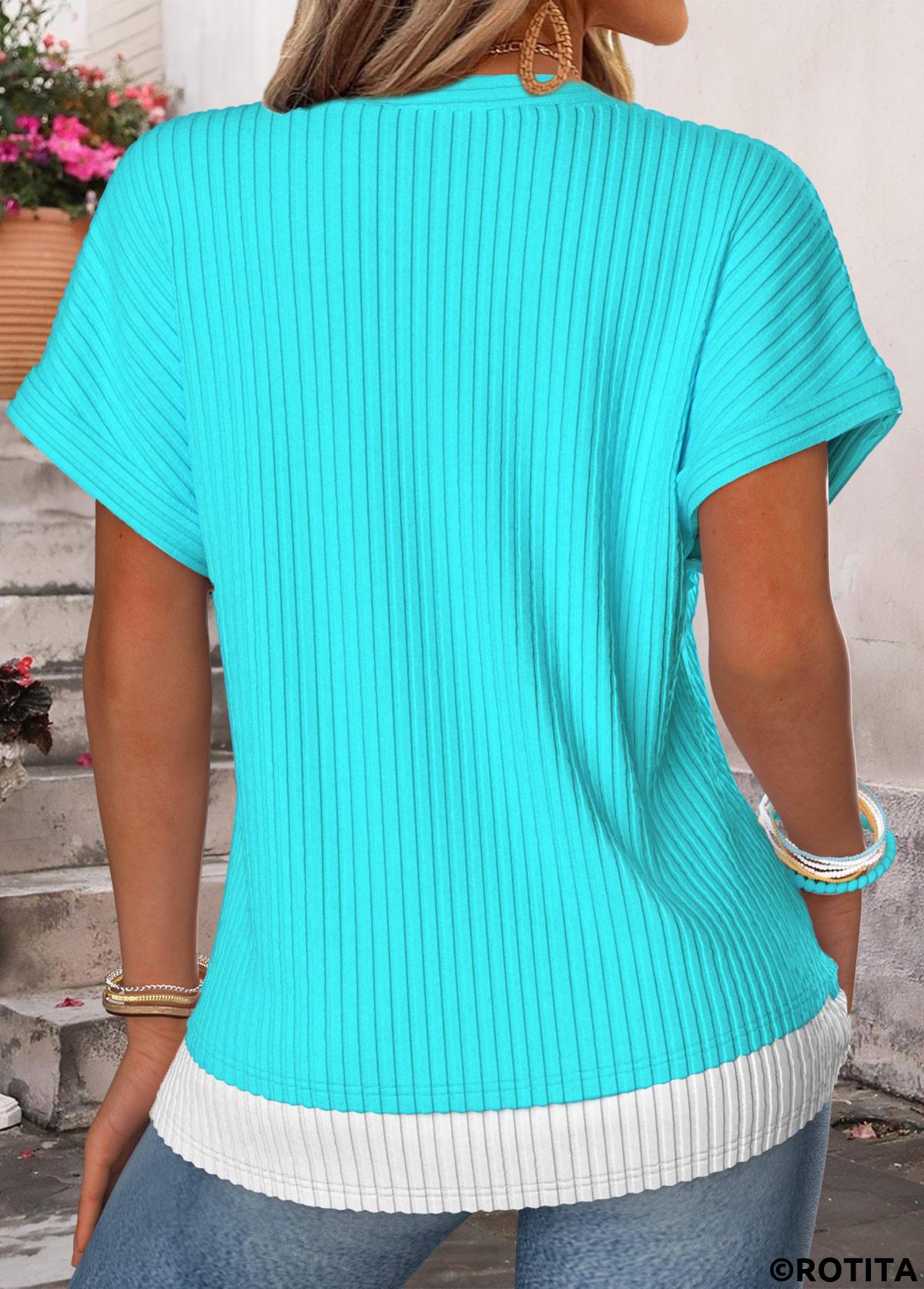 Blue tops,Plain Color tops,ROTITA Fake 2in1 Blue Split Neck Short Sleeve T Shirt
