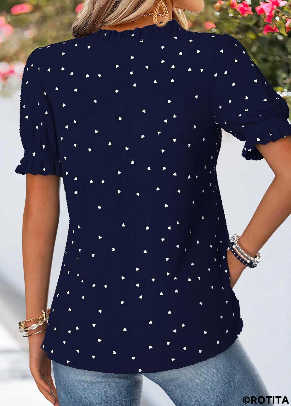 Navy tops,Geometric tops,ROTITA Curved Hem Geometric Print Navy Split Neck Blouse