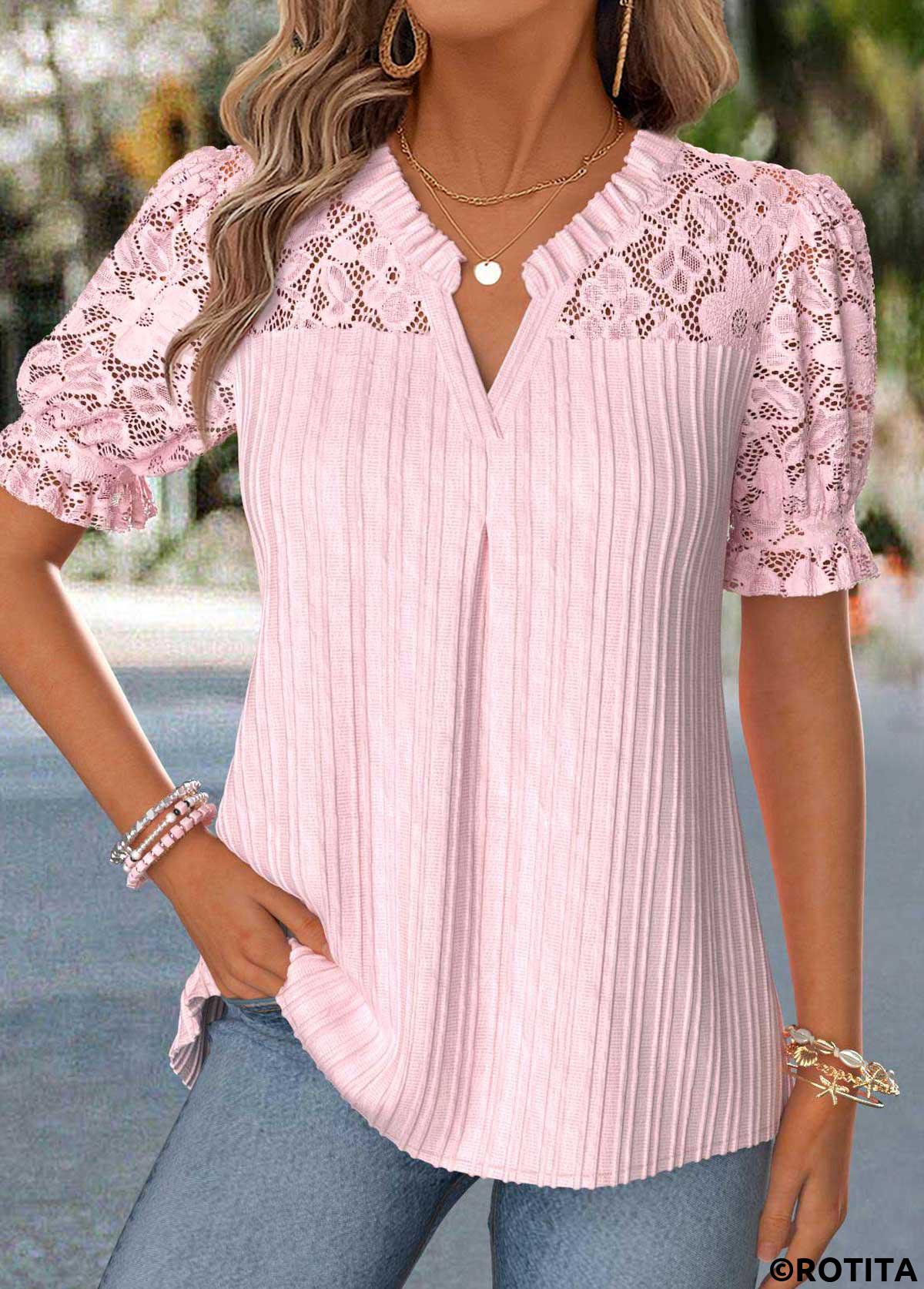 Pink tops,Plain Color tops,ROTITA Patchwork Pink Split Neck Short Sleeve Blouse