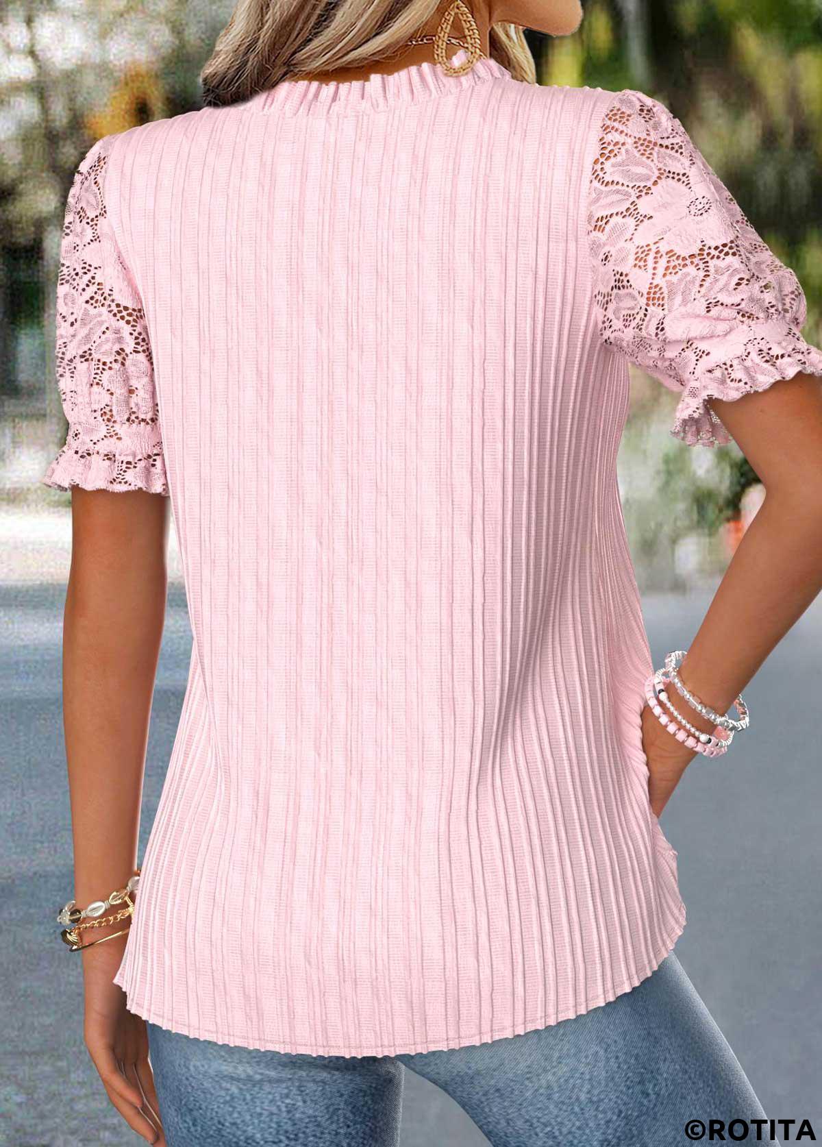 Pink tops,Plain Color tops,ROTITA Patchwork Pink Split Neck Short Sleeve Blouse