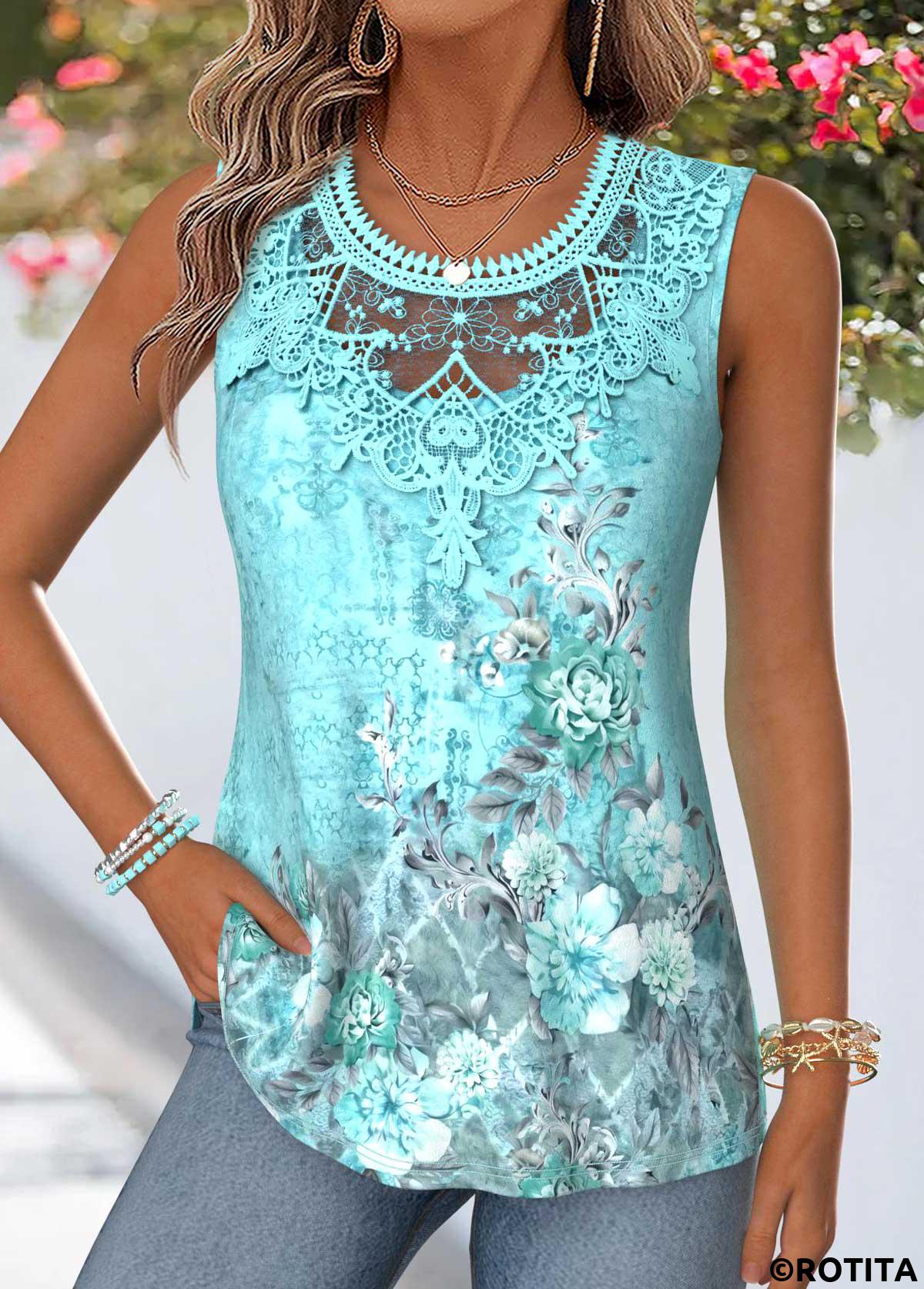 Mint Green tops,Plants tops,Floral tops,ROTITA Patchwork Random Floral Print Mint Green Sleeveless Tank Top