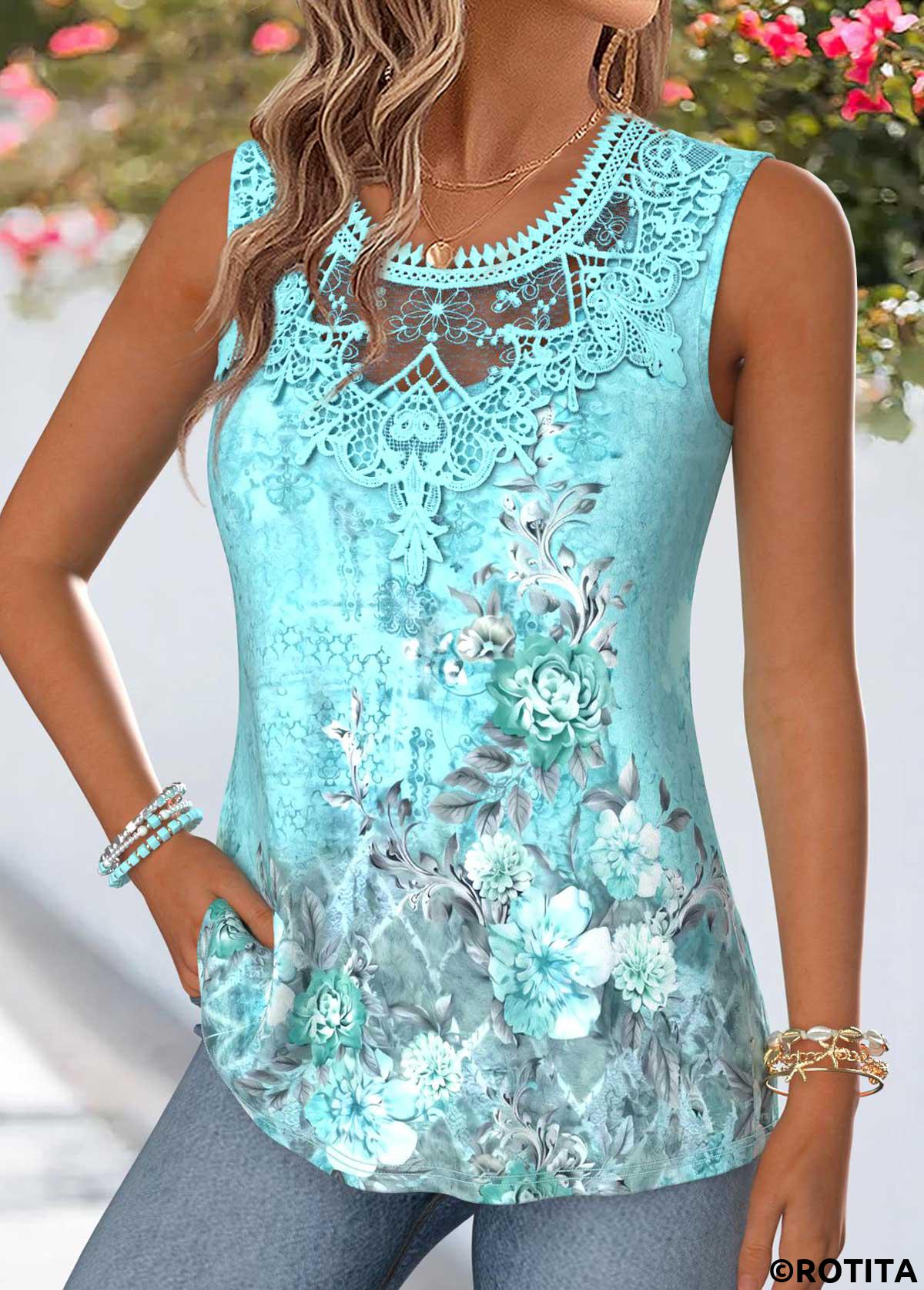 Mint Green tops,Plants tops,Floral tops,ROTITA Patchwork Random Floral Print Mint Green Sleeveless Tank Top