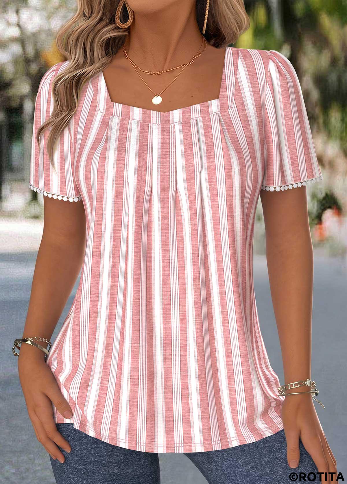 Pink tops,Striped tops,Geometric tops,ROTITA Pleated Striped Pink Square Neck Short Sleeve T Shirt