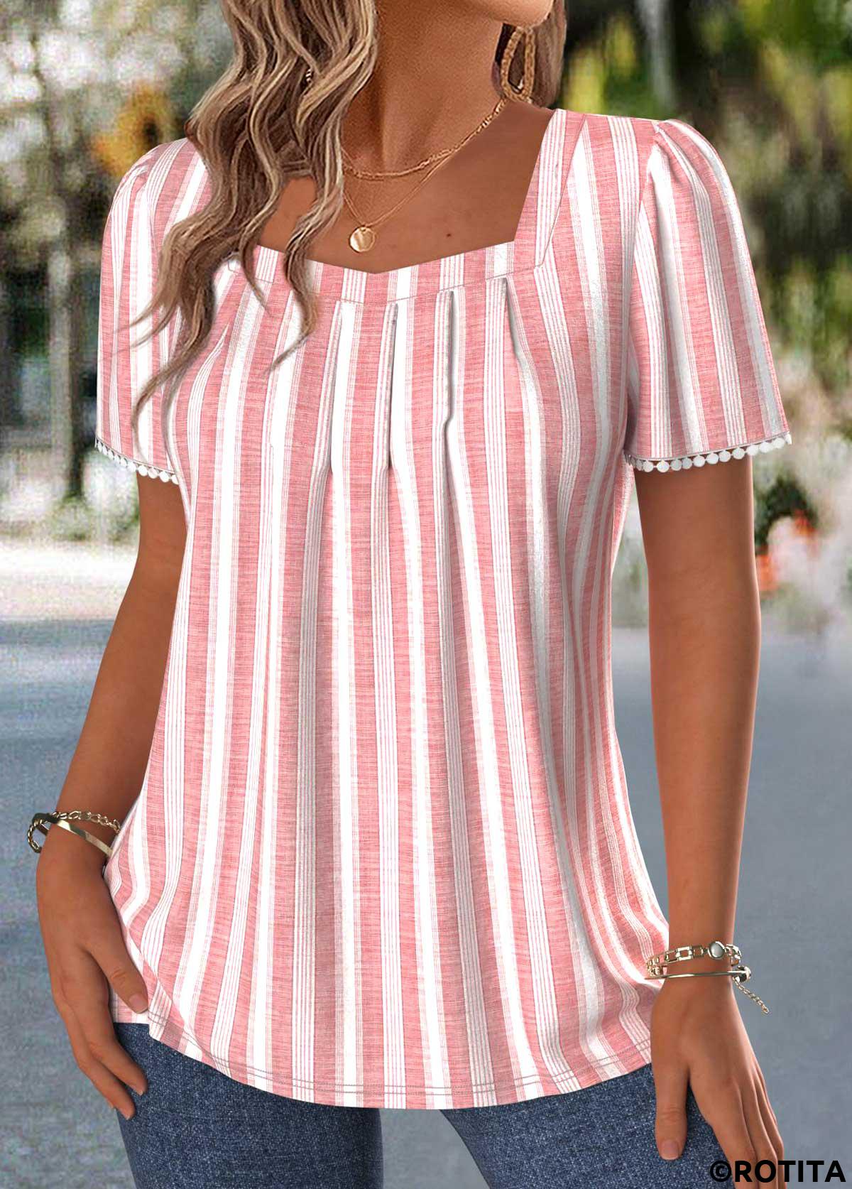 Pink tops,Striped tops,Geometric tops,ROTITA Pleated Striped Pink Square Neck Short Sleeve T Shirt