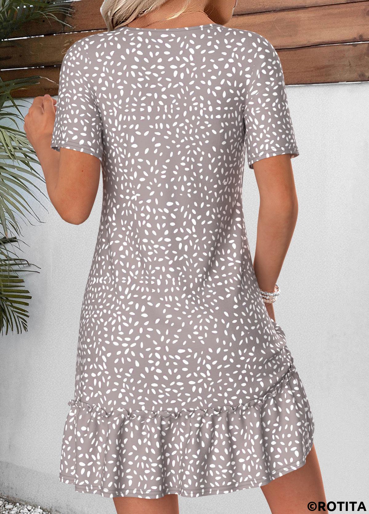 Grey dresses,Dot dresses,Everyday dresses,Casual dresses,ROTITA Grey Polka Dot Tummy Coverage Short V Neck Dress
