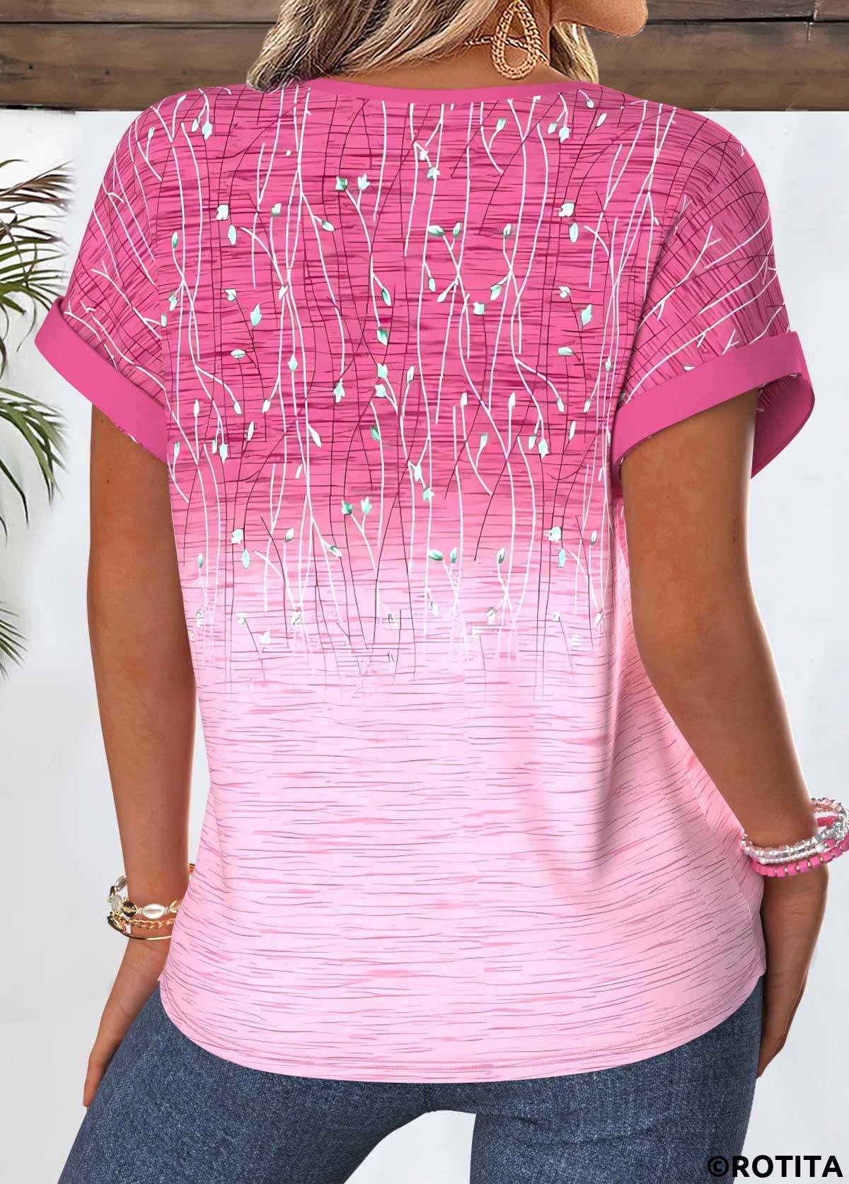 Pink tops,Ombre tops,ROTITA Tummy Coverage Ombre Pink Split Neck Short Sleeve Blouse
