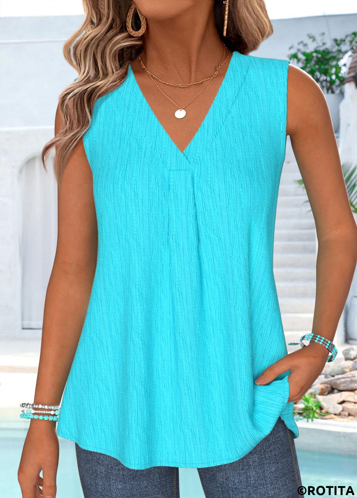 Cyan tops,Plain Color tops,ROTITA Curved Hem Cyan V Neck Sleeveless Tank Top