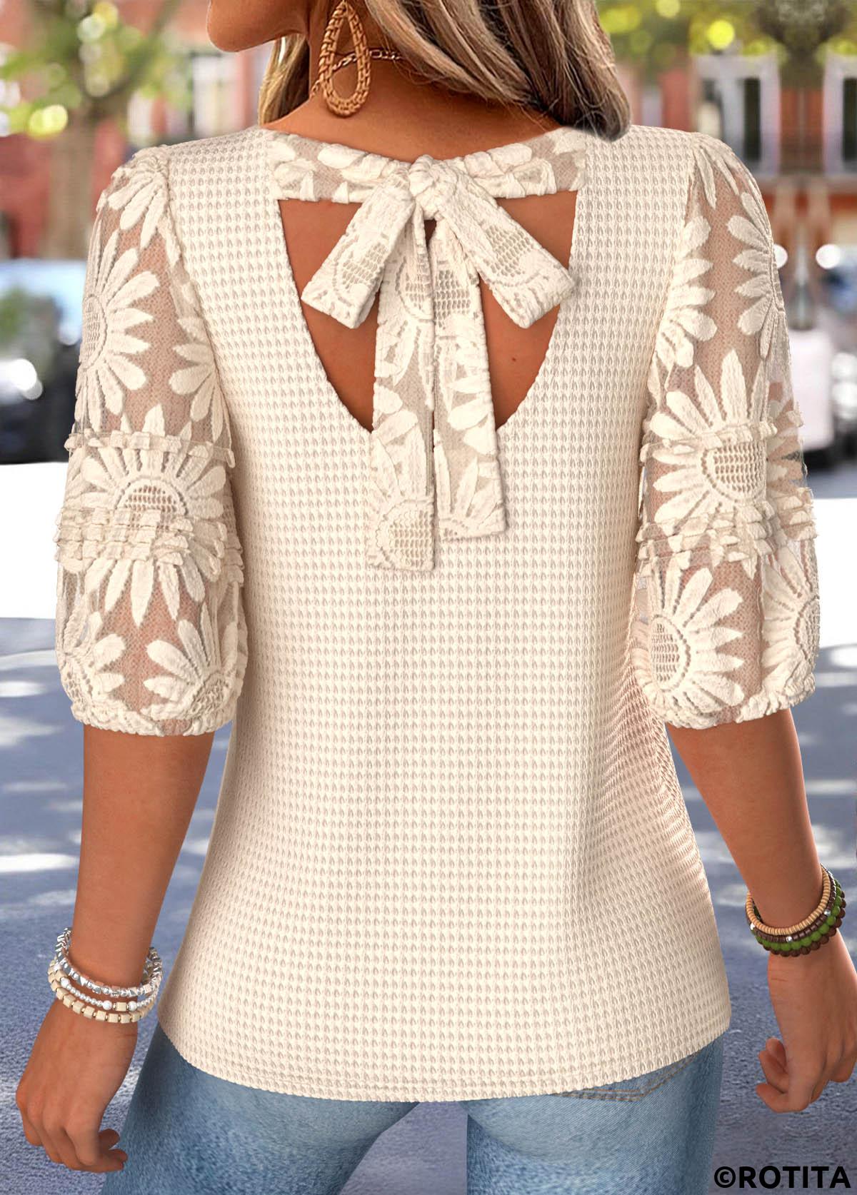 Beige tops,Plain Color tops,ROTITA Bowknot Beige Round Neck Half Sleeve T Shirt