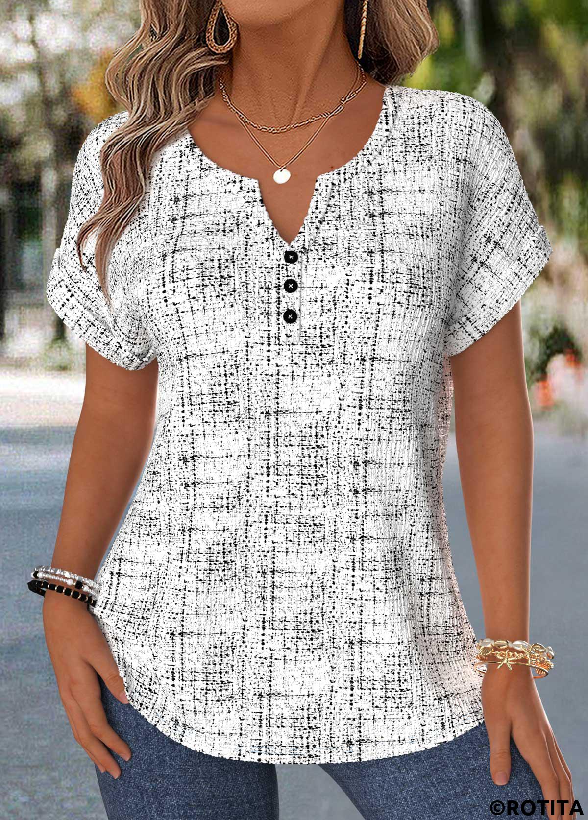Raw white tops,Geometric tops,ROTITA Tummy Coverage Geometric Print Raw White Split Neck Blouse