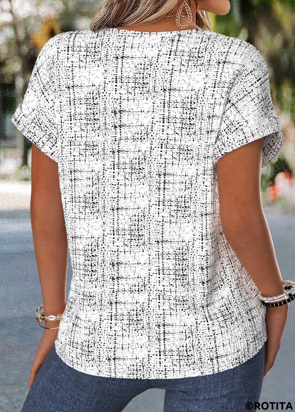 Raw white tops,Geometric tops,ROTITA Tummy Coverage Geometric Print Raw White Split Neck Blouse