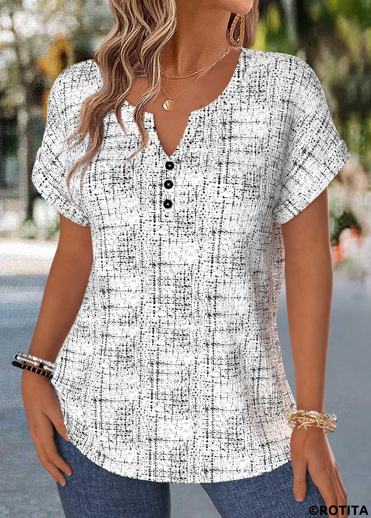 Raw white tops,Geometric tops,ROTITA Tummy Coverage Geometric Print Raw White Split Neck Blouse