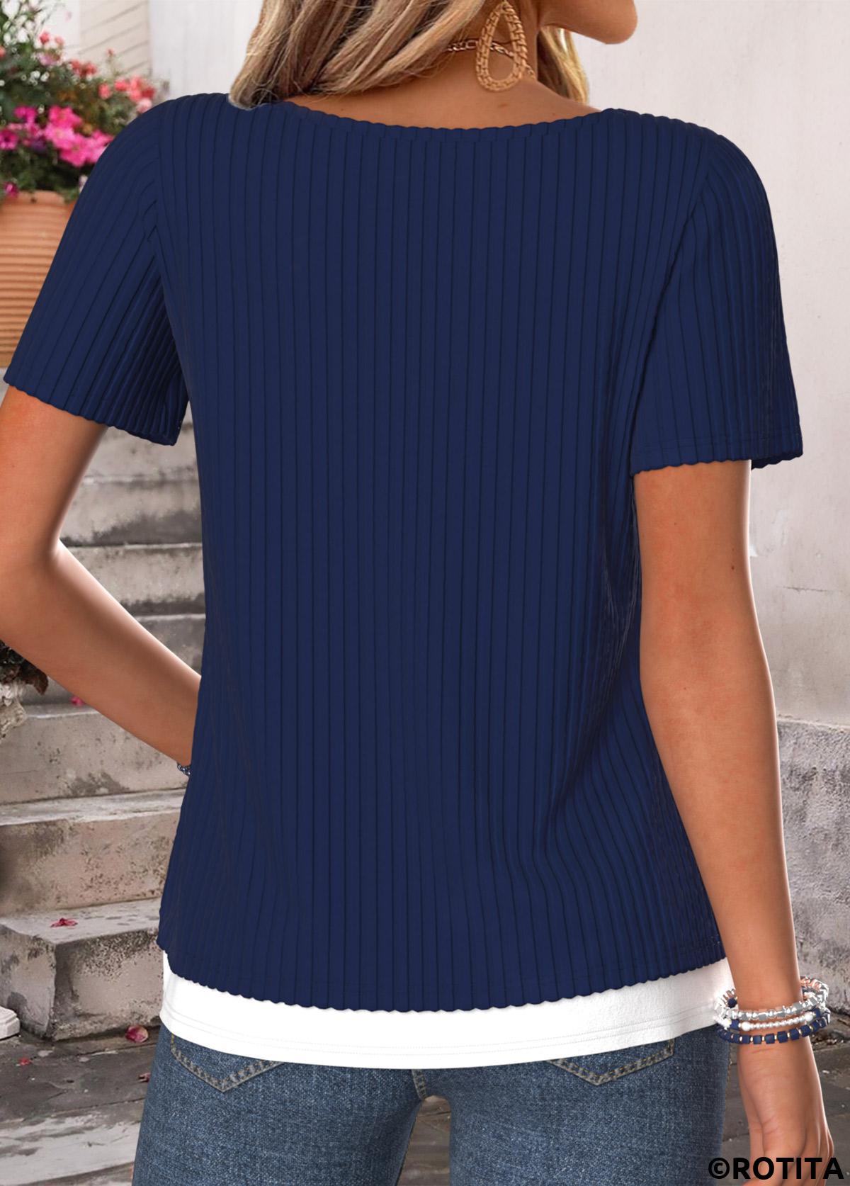 Navy tops,Plain Color tops,ROTITA Fake 2in1 Navy Round Neck Short Sleeve T Shirt