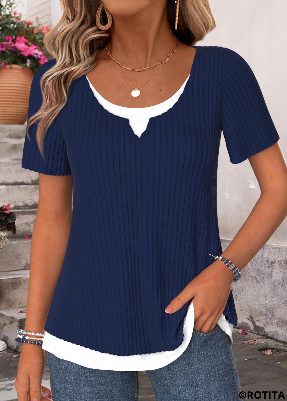 Navy tops,Plain Color tops,ROTITA Fake 2in1 Navy Round Neck Short Sleeve T Shirt