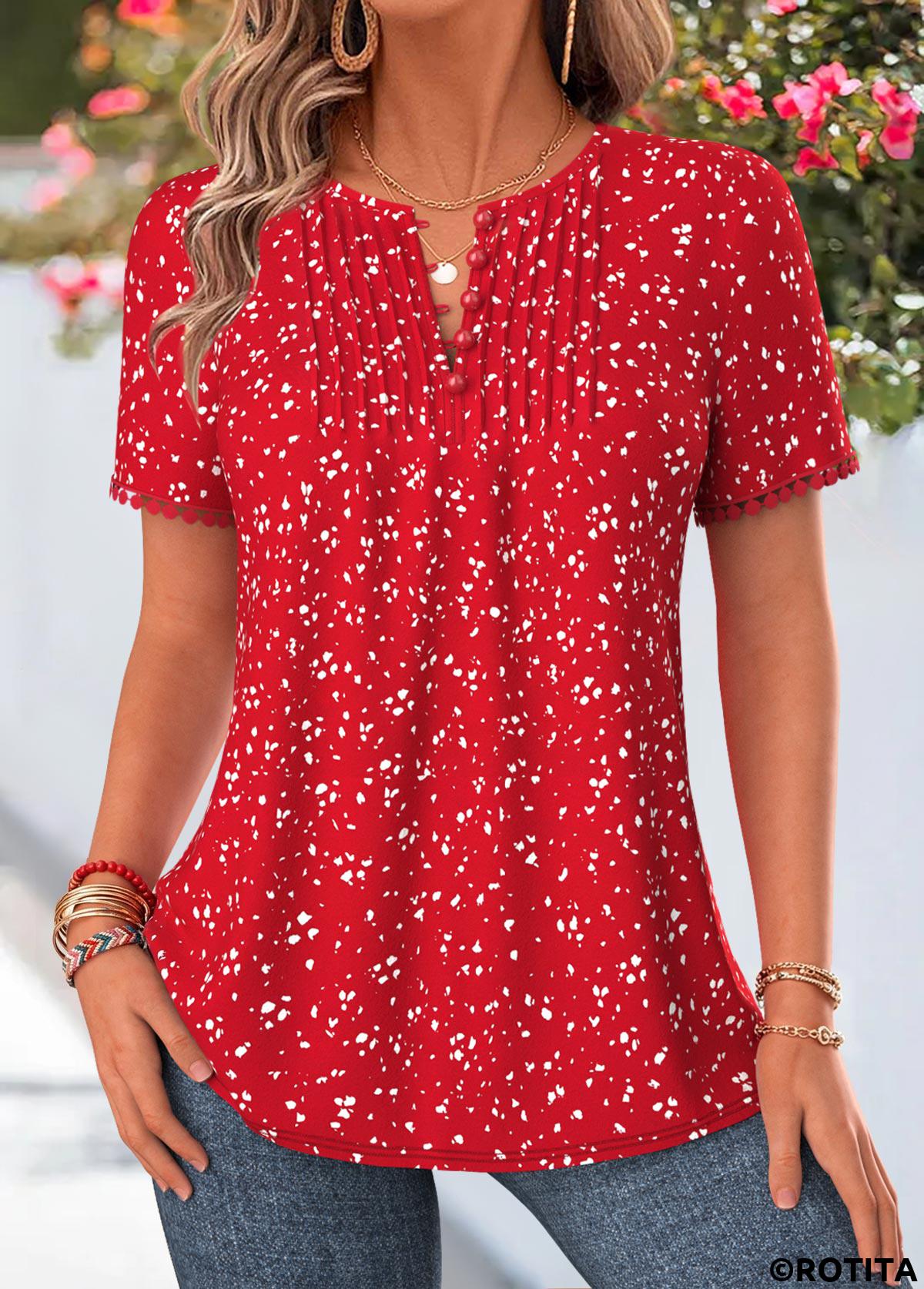 Red tops,Dot tops,ROTITA Tuck Stitch Polka Dot Red Split Neck Blouse