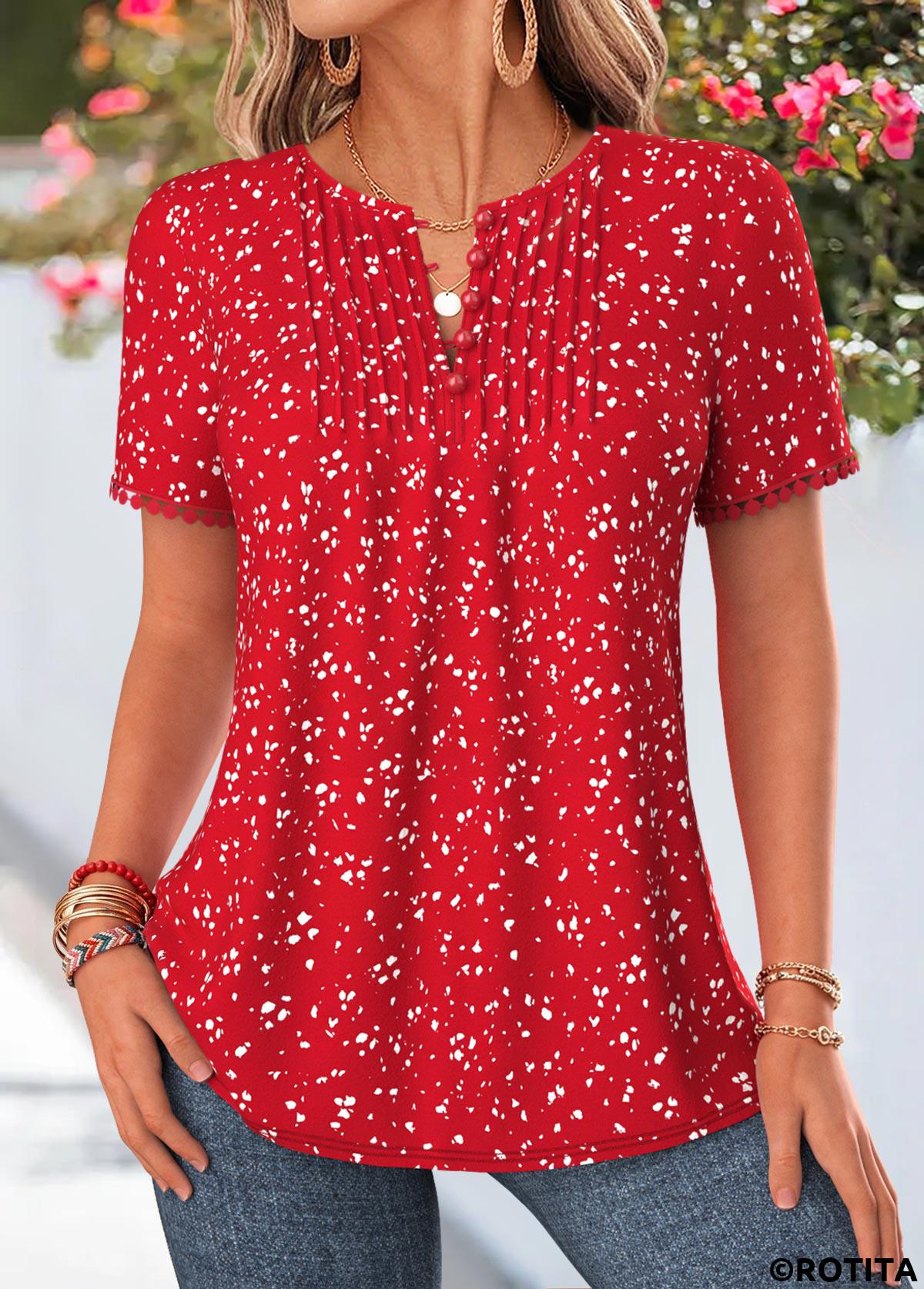 Red tops,Dot tops,ROTITA Tuck Stitch Polka Dot Red Split Neck Blouse