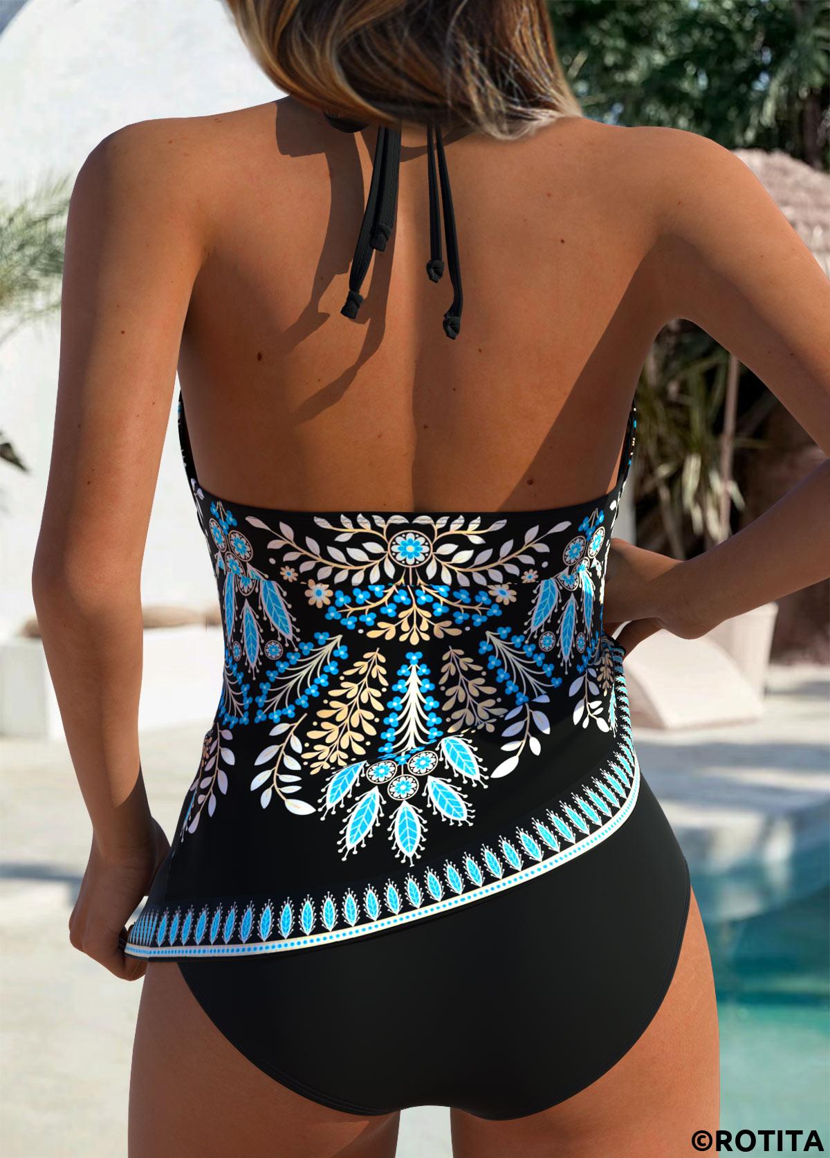 Black swimwear,Plants swimwear,ROTITA Black Tummy Coverage Leaf Print Mid Waisted Tankini Set