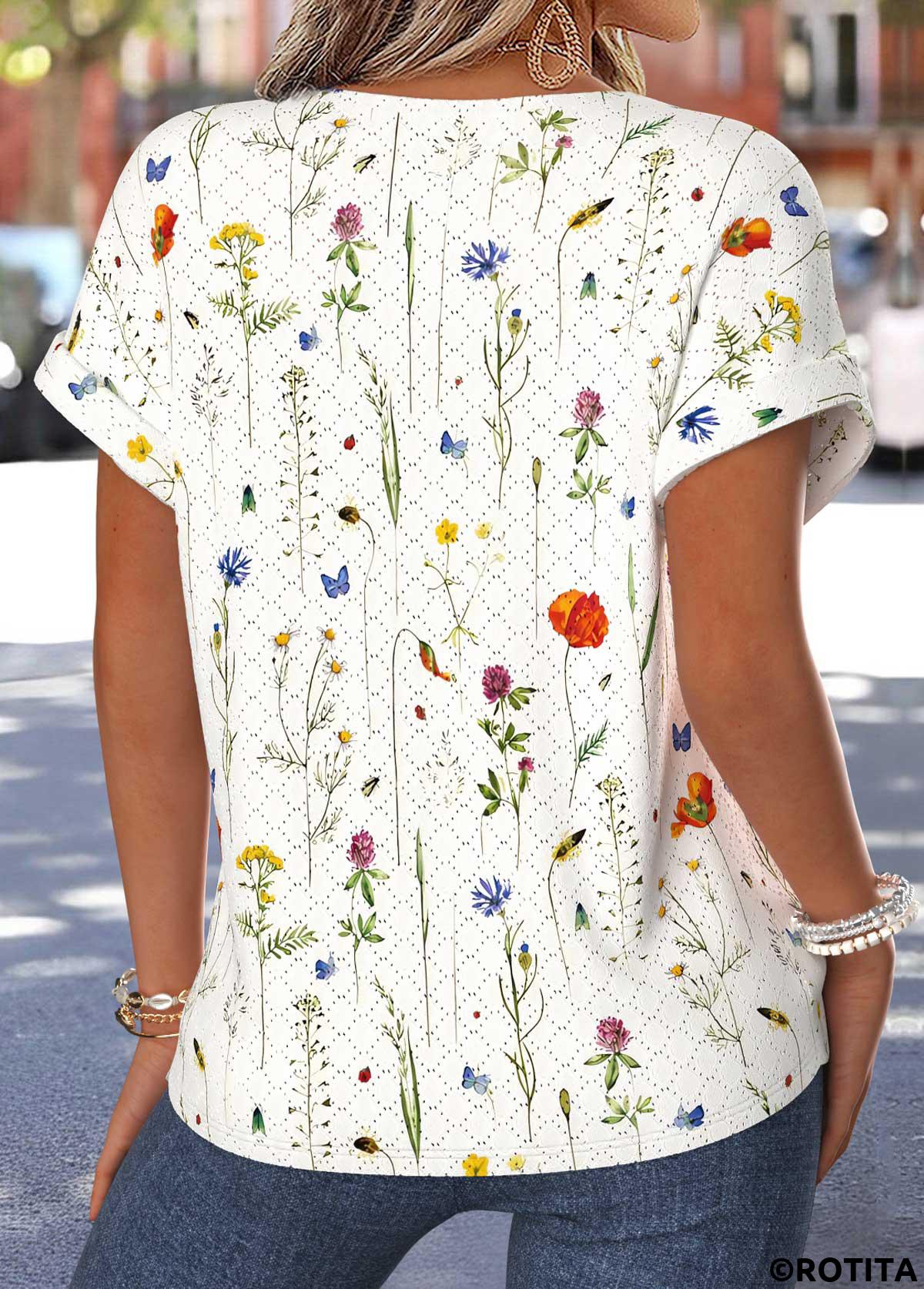 Multi Color tops,Floral tops,Plants tops,ROTITA Tummy Coverage Floral Print Multi Color Split Neck Blouse