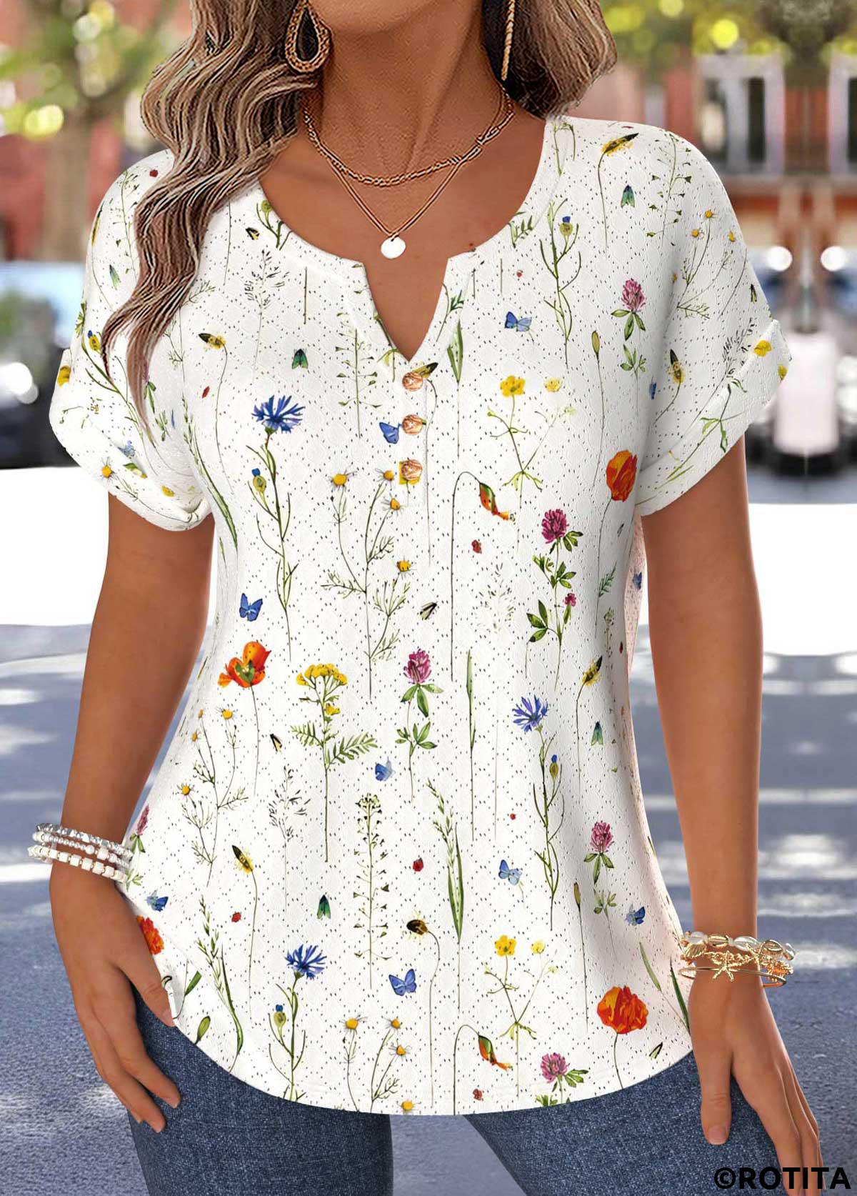 Multi Color tops,Floral tops,Plants tops,ROTITA Tummy Coverage Floral Print Multi Color Split Neck Blouse