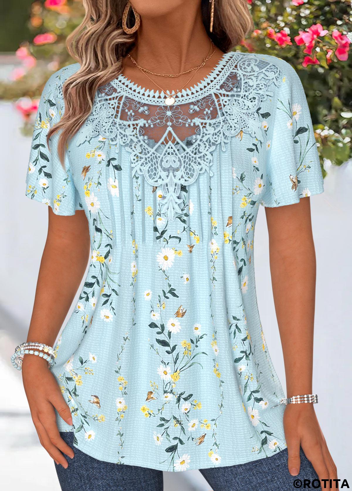 Light Blue tops,Floral tops,Plants tops,ROTITA Patchwork Floral Print Light Blue Round Neck T Shirt