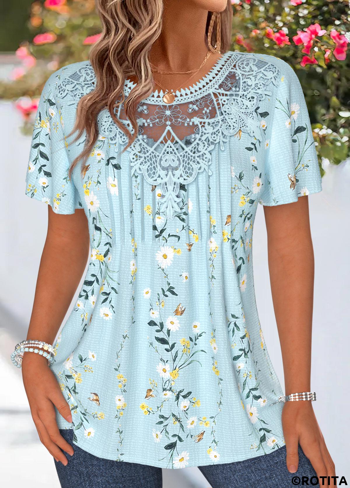 Light Blue tops,Floral tops,Plants tops,ROTITA Patchwork Floral Print Light Blue Round Neck T Shirt