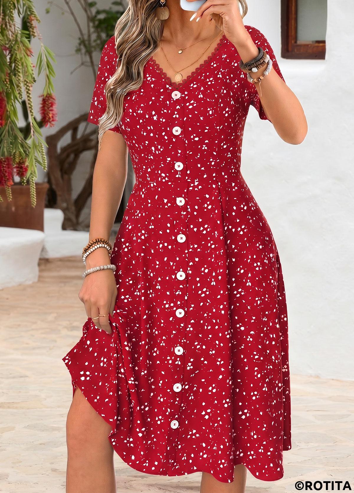 Red dresses,Other dresses,Everyday dresses,Casual dresses,ROTITA Red Tummy Coverage V Neck Short Sleeve Dress