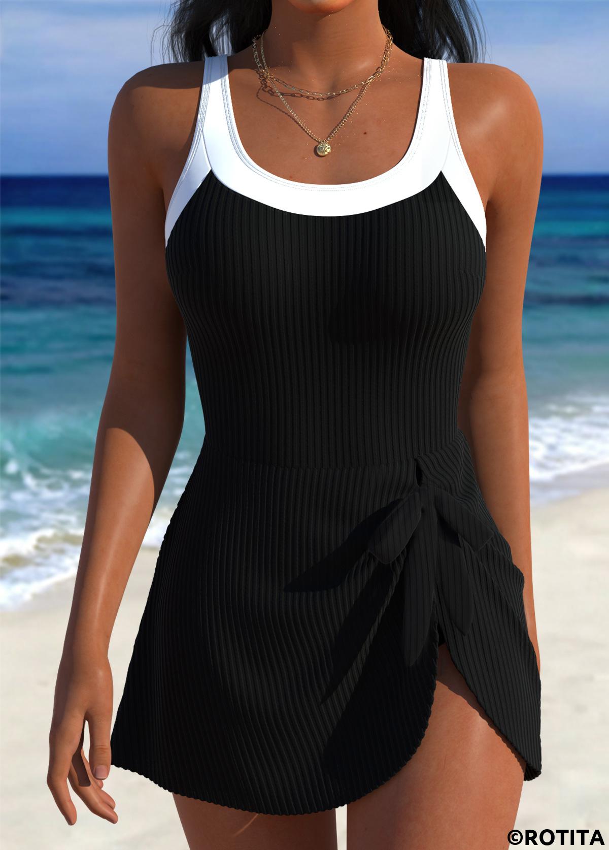 Black swimwear,Plain Color swimwear,ROTITA Black Adjustable Tie One Piece Swimdress