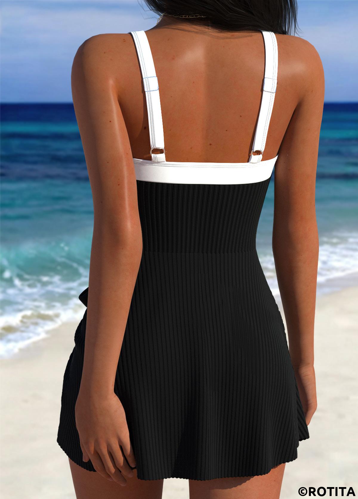 Black swimwear,Plain Color swimwear,ROTITA Black Adjustable Tie One Piece Swimdress