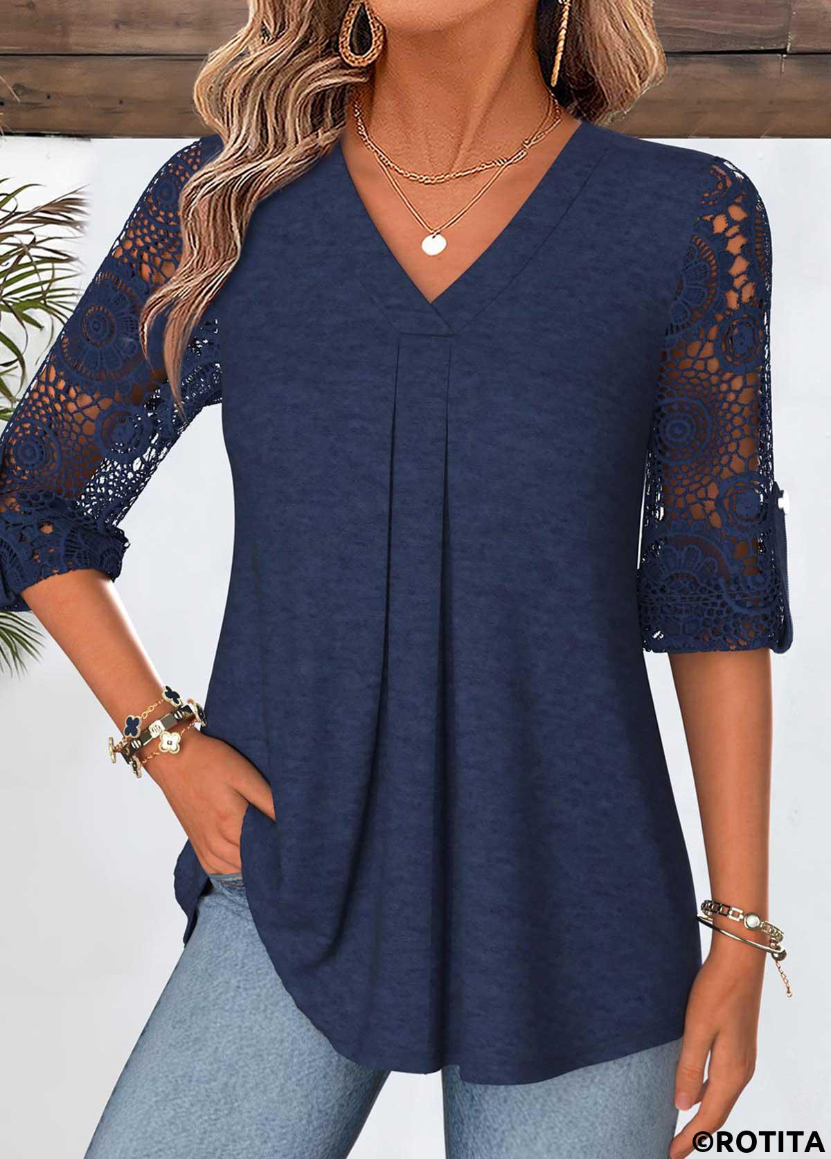Navy tops,Plain Color tops,ROTITA Curved Hem Navy V Neck 3/4 Sleeve Blouse