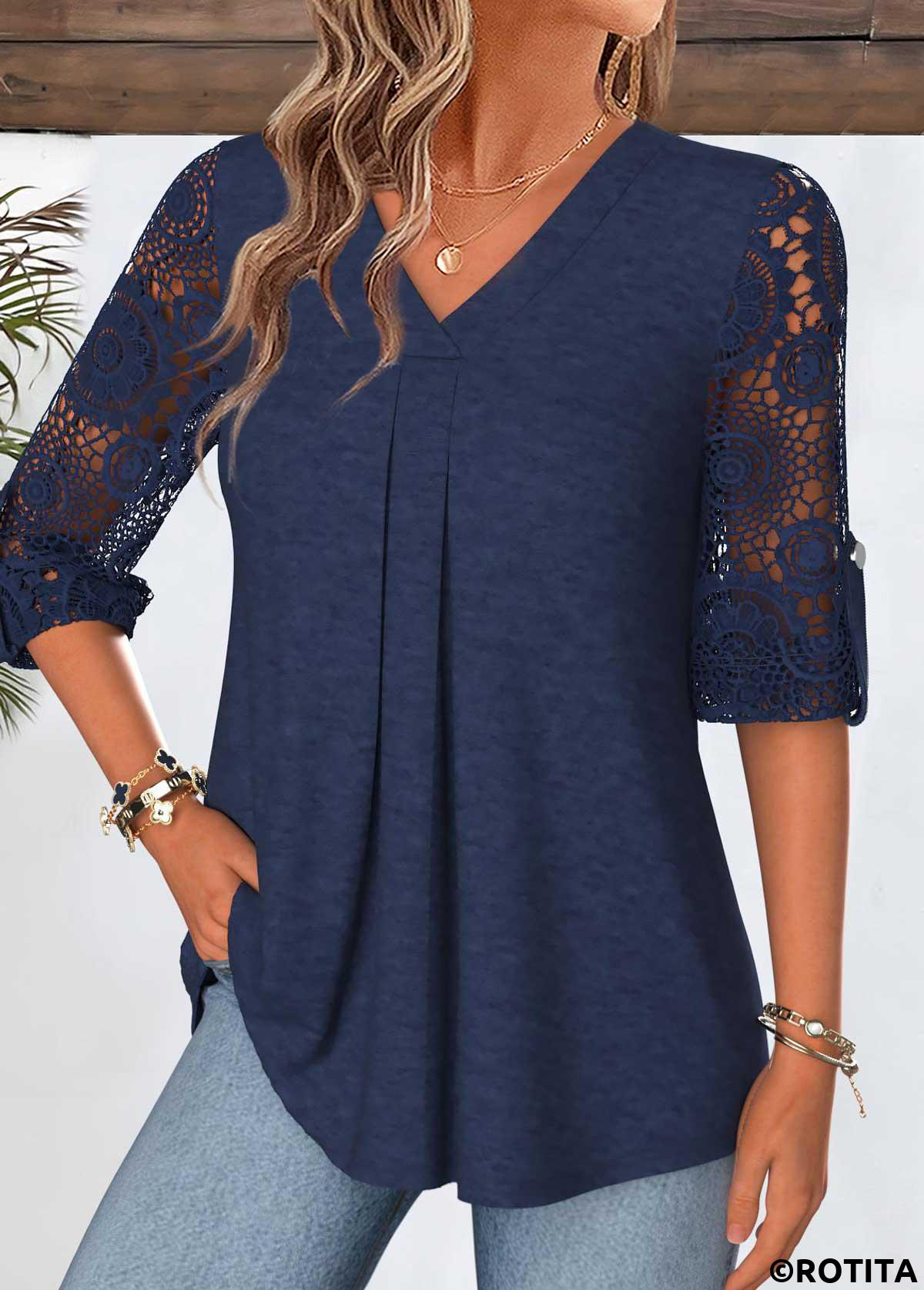 Navy tops,Plain Color tops,ROTITA Curved Hem Navy V Neck 3/4 Sleeve Blouse