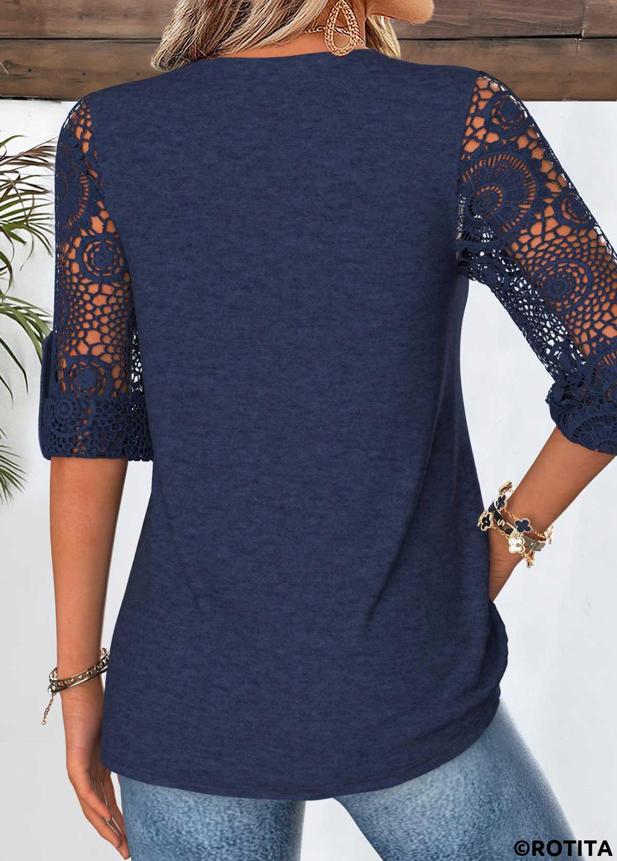 Navy tops,Plain Color tops,ROTITA Curved Hem Navy V Neck 3/4 Sleeve Blouse
