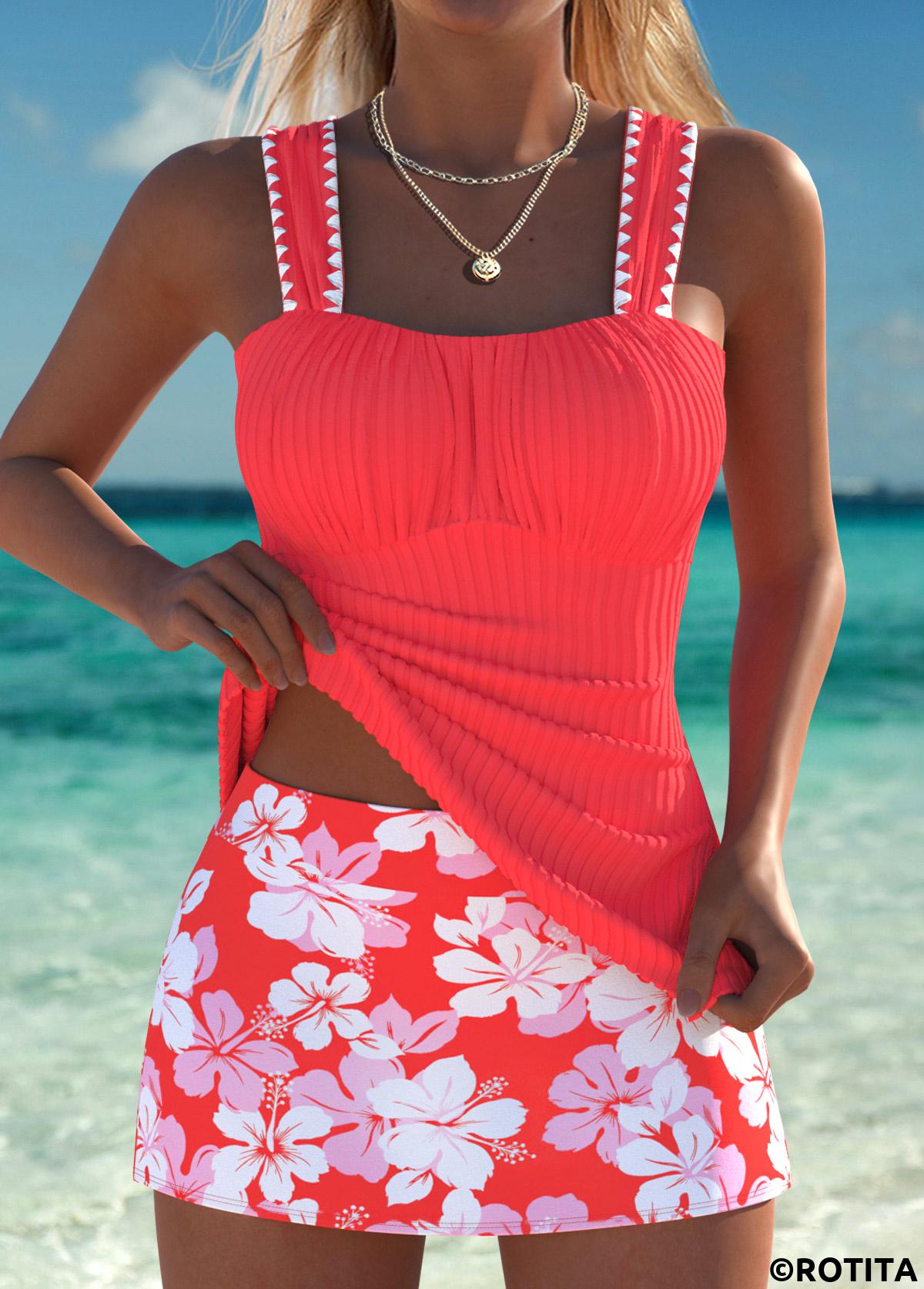 Coral swimwear,Floral swimwear,Plants swimwear,ROTITA Orange Mid Waisted Ruched Floral Print Tankini Set
