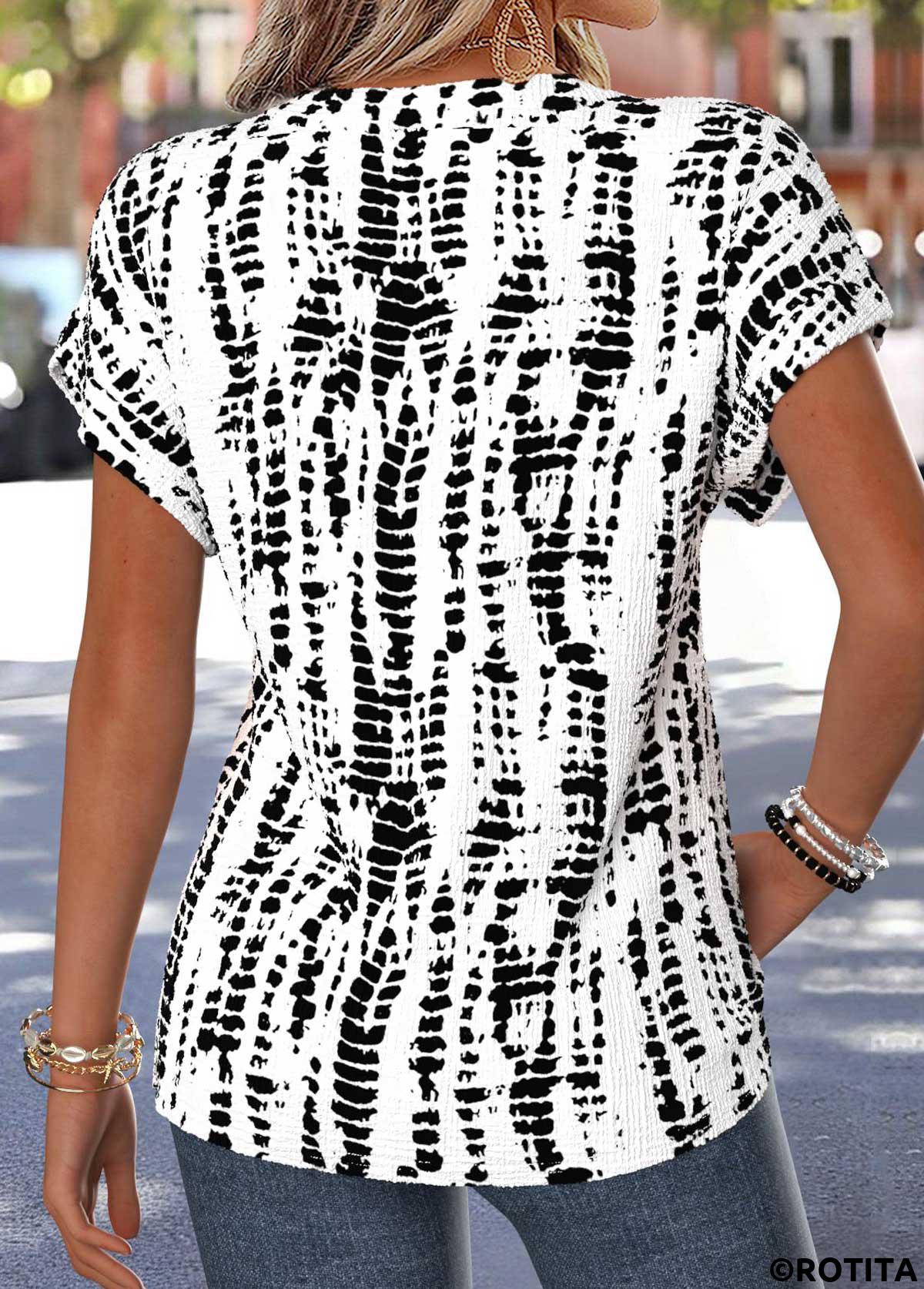 Raw white tops,Geometric tops,ROTITA Patchwork Geometric Print Raw White Split Neck Blouse